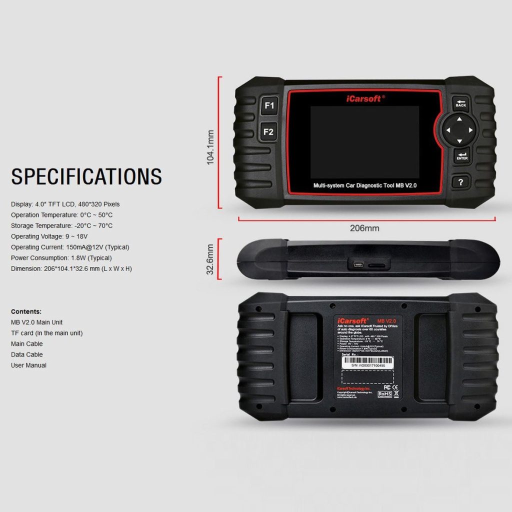 Professional Multi-System Auto Diagnostic Tool iCarsoft MB V2.0 Compatible for Mercedes-Benz/Sprinter/Smart, ABS SRS Oil BLD INJ Professional Multi-System Auto Diagnostic Tool iCarsoft MB V2.0 Compatible for Mercedes-Benz/Sprinter/Smart, ABS SRS Oil BLD INJ