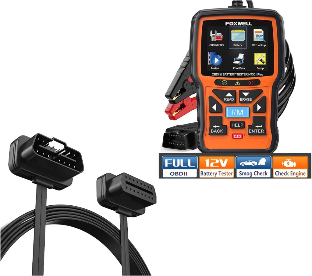 FOXWELL 2 in 1 NT301 Plus w/16pin OBD2 Extension Cable OBD2 Scanner Battery Tester Code Reader Scan Tool Battery Charging Cranking Test, Check Engine EVAP Check FOXWELL 2 in 1 NT301 Plus w/16pin OBD2 Extension Cable OBD2 Scanner Battery Tester Code Reader Scan Tool Battery Charging Cranking Test, Check Engine EVAP Check