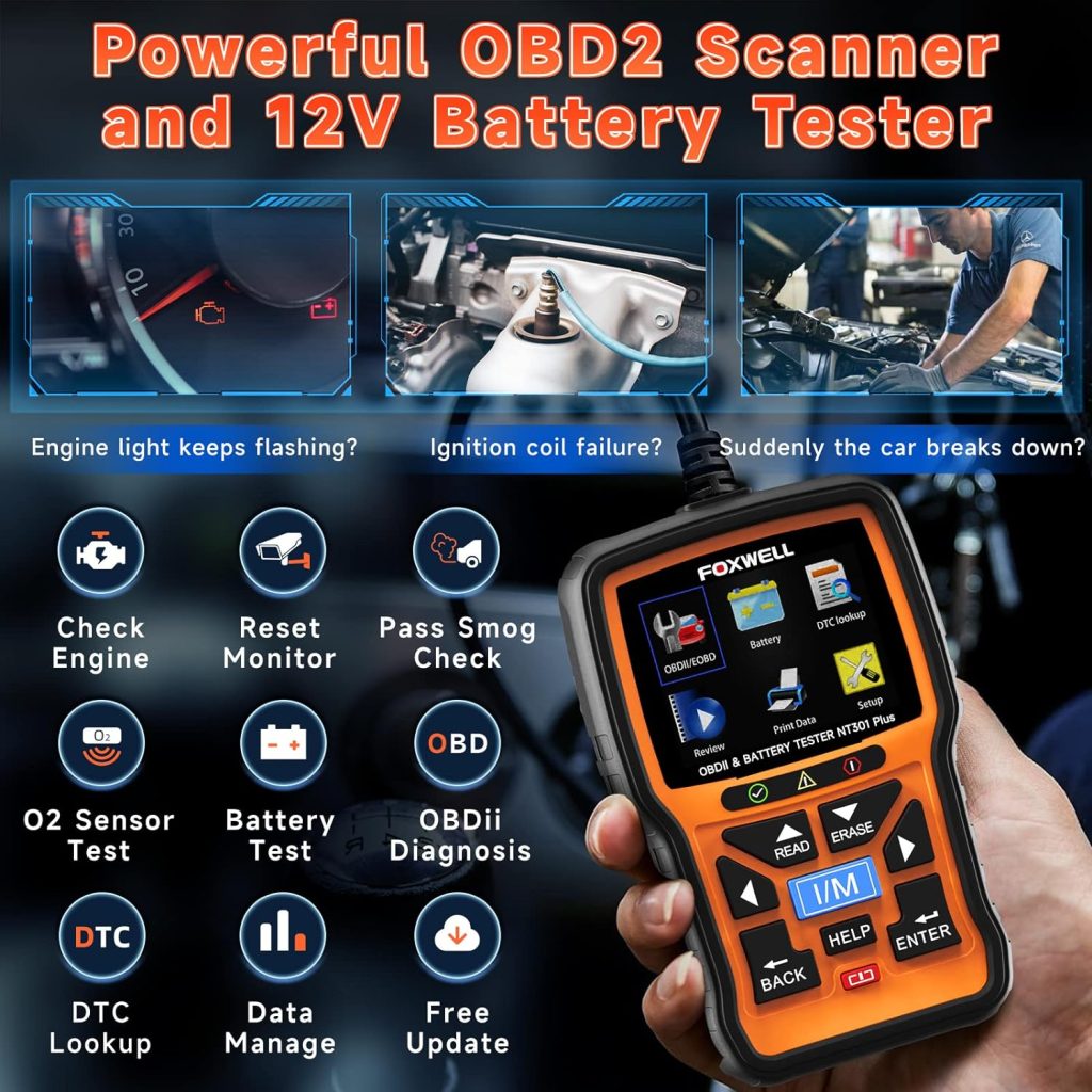 FOXWELL NT301 + NT301 Plus 2 in 1Battery Tester Code Reader Scan Tool OBD2 Scanner Live Data Mechanic OBDII DiagnosticTool for Check Engine Light FOXWELL NT301 + NT301 Plus 2 in 1Battery Tester Code Reader Scan Tool OBD2 Scanner Live Data Mechanic OBDII DiagnosticTool for Check Engine Light