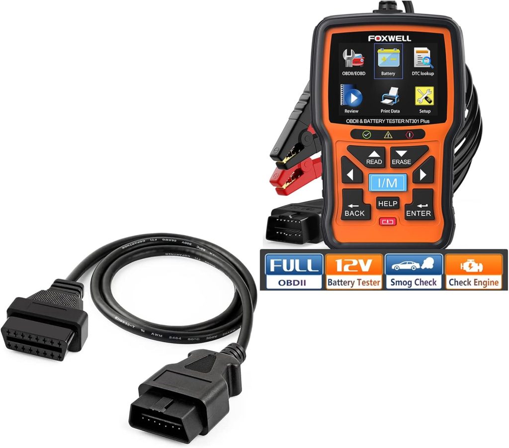 FOXWELL NT301 Plus OBD2 Scanner Battery Tester 12V,4 IN1 OBD Scanner Diagnostic Tool with OBD Il 16Pin Male to Female Diagnostic Extension Convert Cable Adapter 1m/39inch FOXWELL NT301 Plus OBD2 Scanner Battery Tester 12V,4 IN1 OBD Scanner Diagnostic Tool with OBD Il 16Pin Male to Female Diagnostic Extension Convert Cable Adapter 1m/39inch