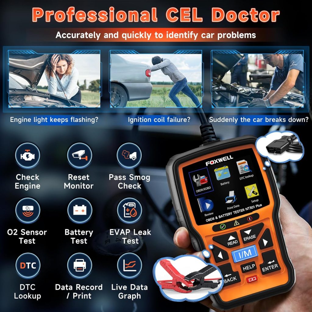 FOXWELL NT301 Plus with Storage Case and Extension Cable 16pin Male to Female Mechanic 2 in 1 OBD2 Scanner Battery Tester Code Reader Scan Tool FOXWELL NT301 Plus with Storage Case and Extension Cable 16pin Male to Female Mechanic 2 in 1 OBD2 Scanner Battery Tester Code Reader Scan Tool