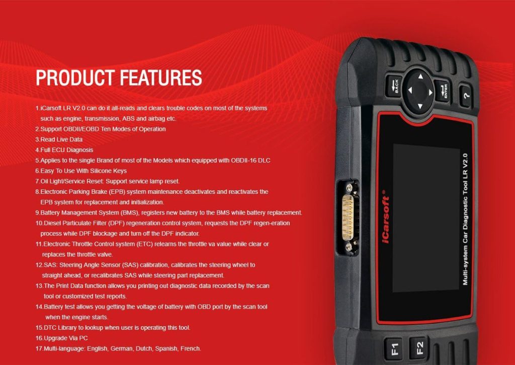 iCarsoft Professional Multi-System Auto Diagnostic Tool LR V2.0 Compatible for Landrover/Jaguar ABS SRS Oil Reset DPF, The Update for LR II