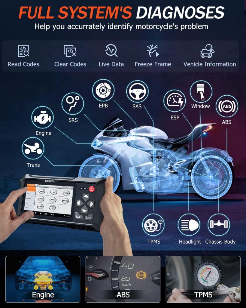 OBDPROG Moto 100 Motorcycle Diagnostic Scan Tool, Full System Scanner for Harley Honda Yamaha Victory Indian Polaris Brp, Engine ABS TPMS Auto Scan Code Reader, Oil Light Reset, 5.0 Touch Screen