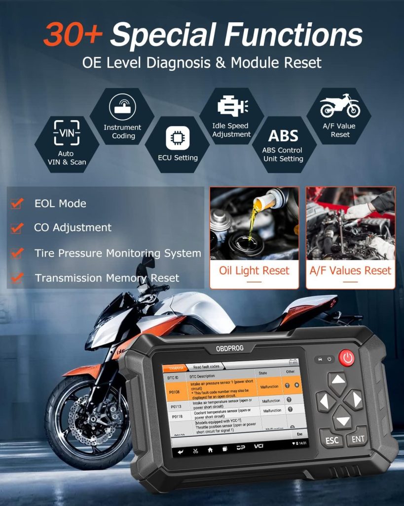 OBDPROG Moto 100 Motorcycle Diagnostic Scan Tool, Full System Scanner for Harley Honda Yamaha Victory Indian Polaris Brp, Engine ABS TPMS Auto Scan Code Reader, Oil Light Reset, 5.0 Touch Screen