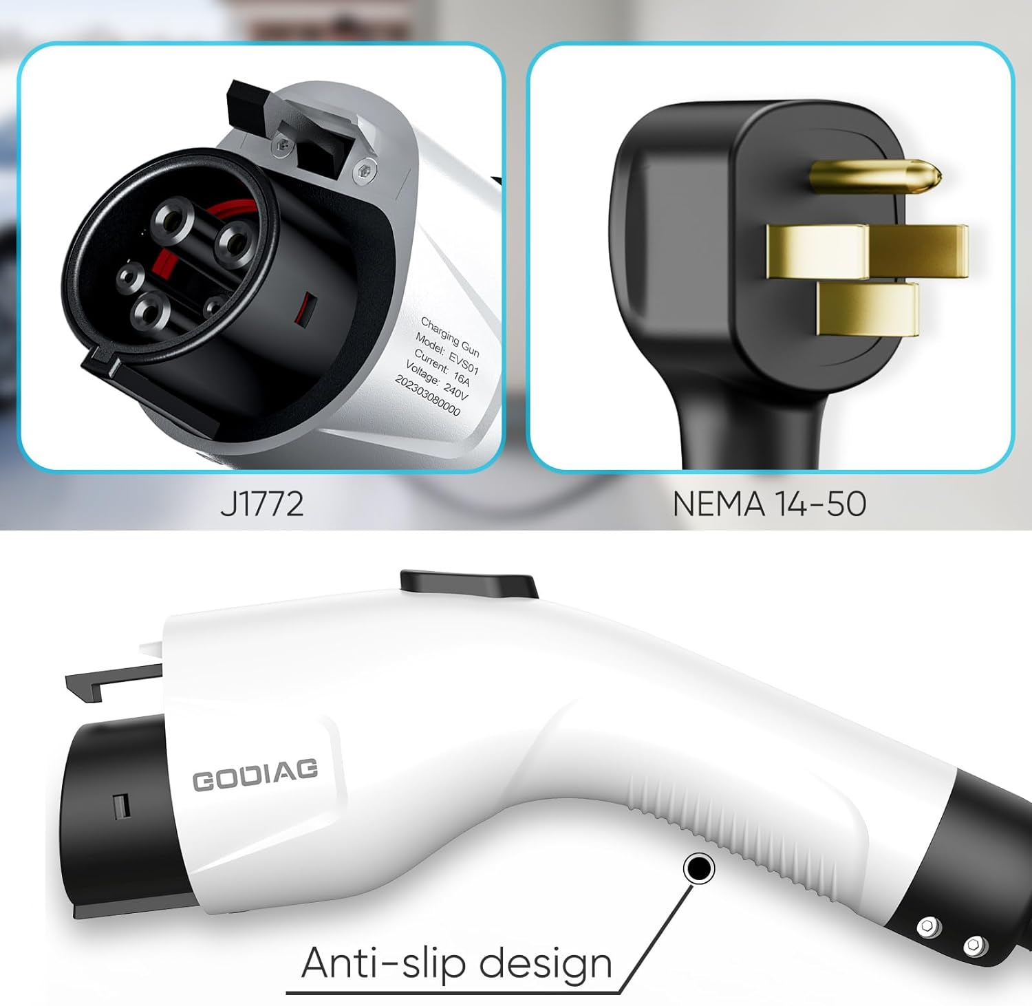 EV101 Portable EV Charger Level 1+2, 8/10/13/16Amp Adjustable Electric Car Charger, 110V-240V 3.5KW 20ft Plug-in Hybrid EV Charger