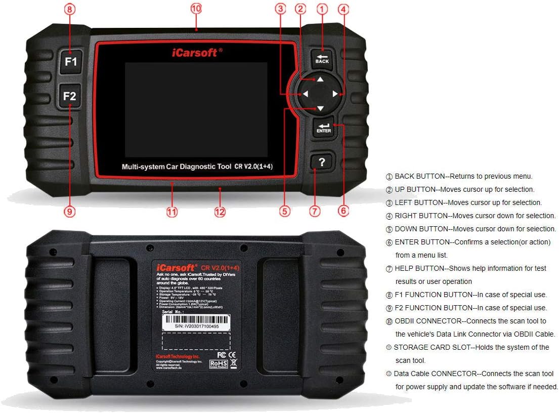 iCarsoft CR V2.0 Diagnostic Scan Tool for Multi-Brand Vehicles (10-19 Vehicle Choices) +Oil Reset +EPB+BMS+DPF+SAS+ETC+BLD+INJ