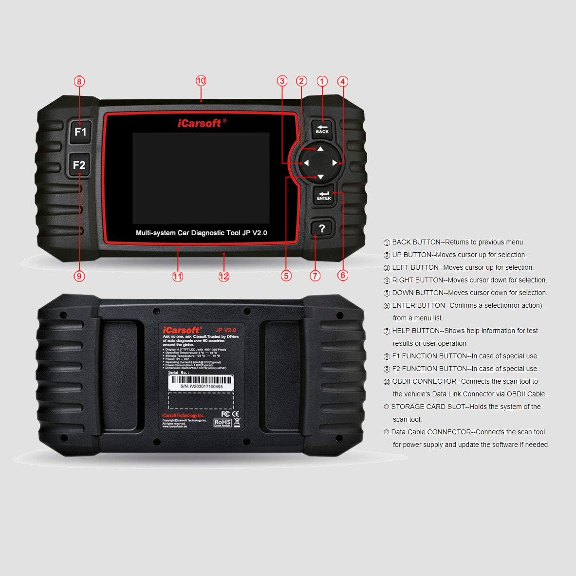 iCarsoft JP V2.0 Diagnostic Scan Tool for Japanese Vehicles Toyota/Lexus/Scion/Isuzu/Nissan/Infiniti/Mitsubishi/Honda(Acura)/Mazda/Subaru +Oil Reset +EPB+BMS+DPF+SAS+ETC+BLD+INJ