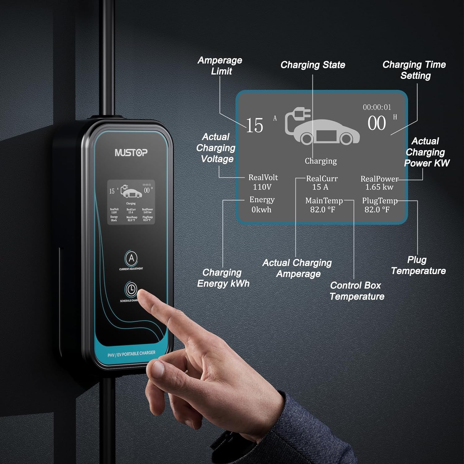 Mustop EV Charger Level 1 (NEMA 5-15 /15A /110V / 25ft),EVSE Adjustable Currents 8A-15A,IP65 Waterproof Home EV Charging Station, with LCD Screen and Timing Delay for All J1772 EVs