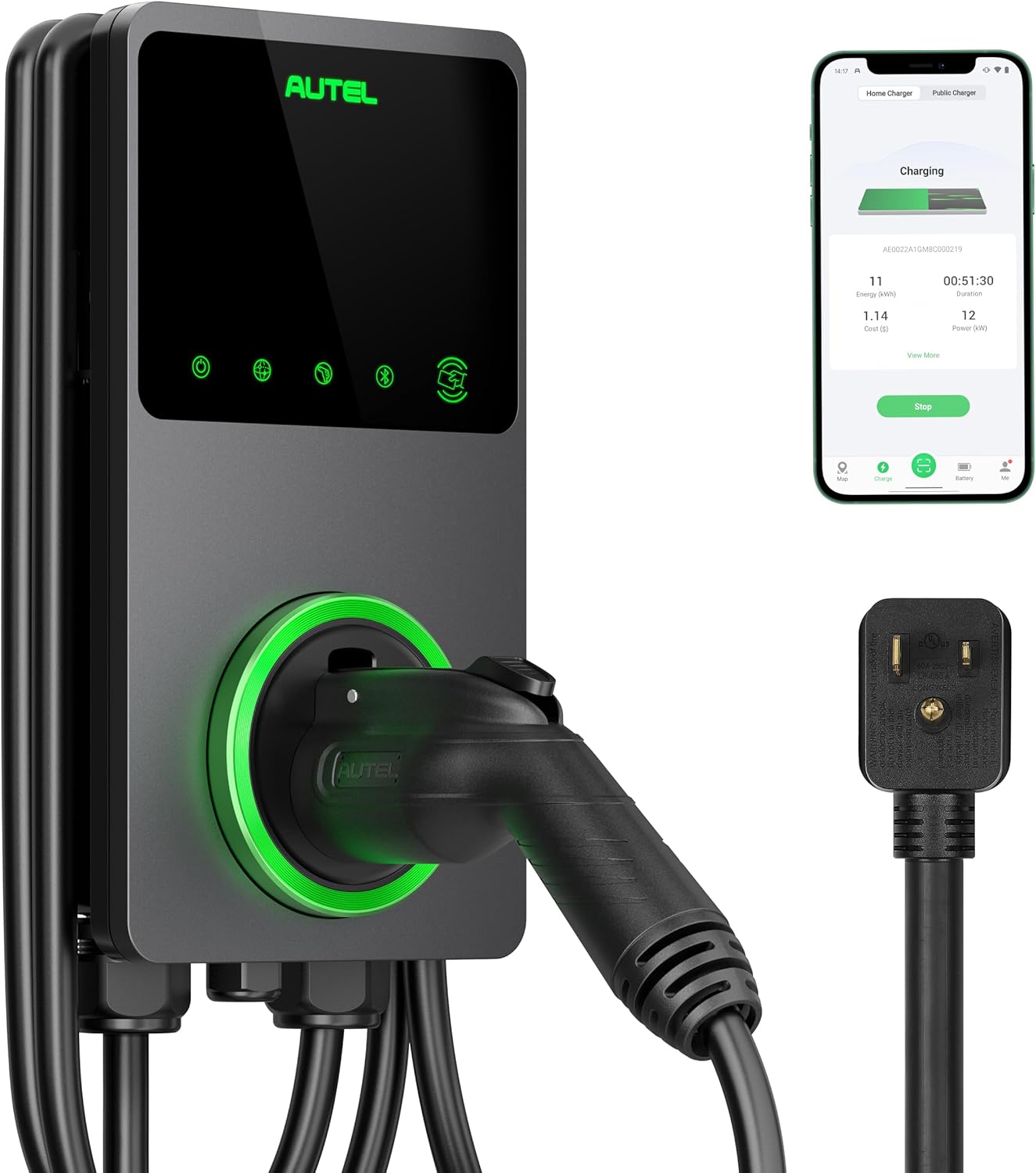 Autel MaxiCharger Home Smart Electric Vehicle (EV) Charger, 40 Amp Level 2 Wi-Fi and Bluetooth Enabled EVSE, Indoor/Outdoor Car Charging Station, with in-Body Holster and 25-Foot Cable（14-50 Plug）