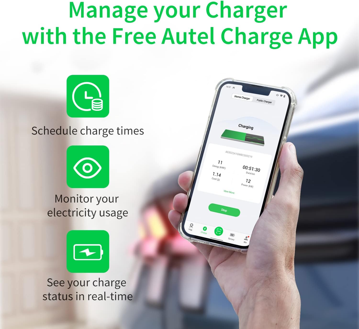Autel MaxiCharger Home Smart Electric Vehicle (EV) Charger, 40 Amp Level 2 Wi-Fi and Bluetooth Enabled EVSE, Indoor/Outdoor Car Charging Station, with in-Body Holster and 25-Foot Cable（14-50 Plug）