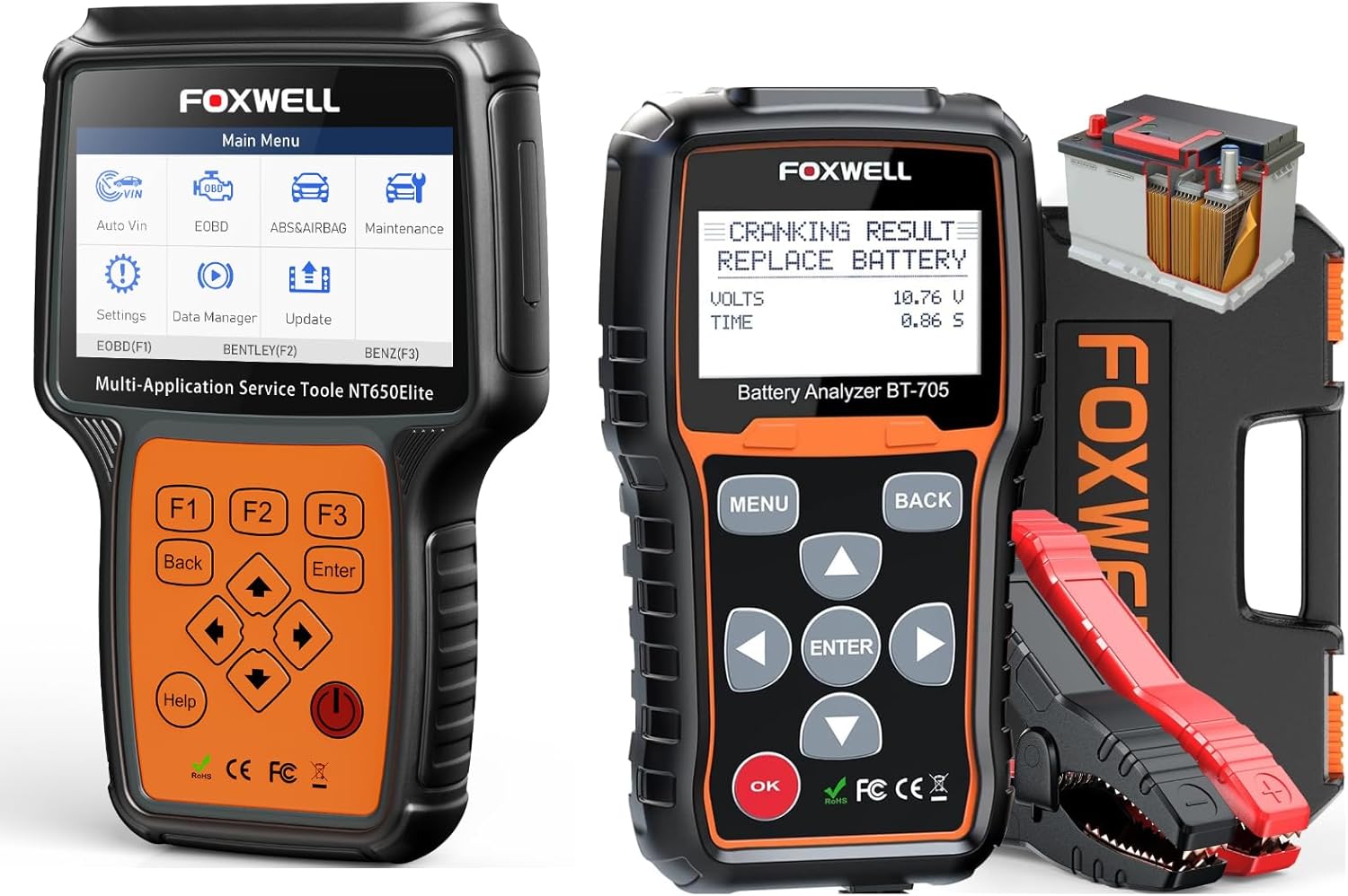 FOXWELL NT650 Elite ABS SRS Bidirectional OBD2 Scanner with FOXWELL BT705 12V 24V Car Battery Tester Automotive FOXWELL NT650 Elite ABS SRS Bidirectional OBD2 Scanner with FOXWELL BT705 12V 24V Car Battery Tester Automotive