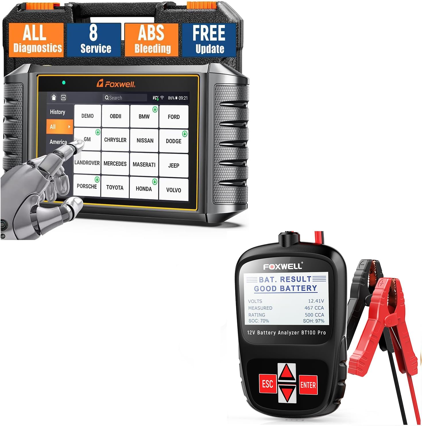 Foxwell NT726 OBD2 Scanners, All System Code Reader Car Diagnostic Tool FOXWELL BT100 Pro Car Battery Tester 12V Automotive Digital Battery Analyzer