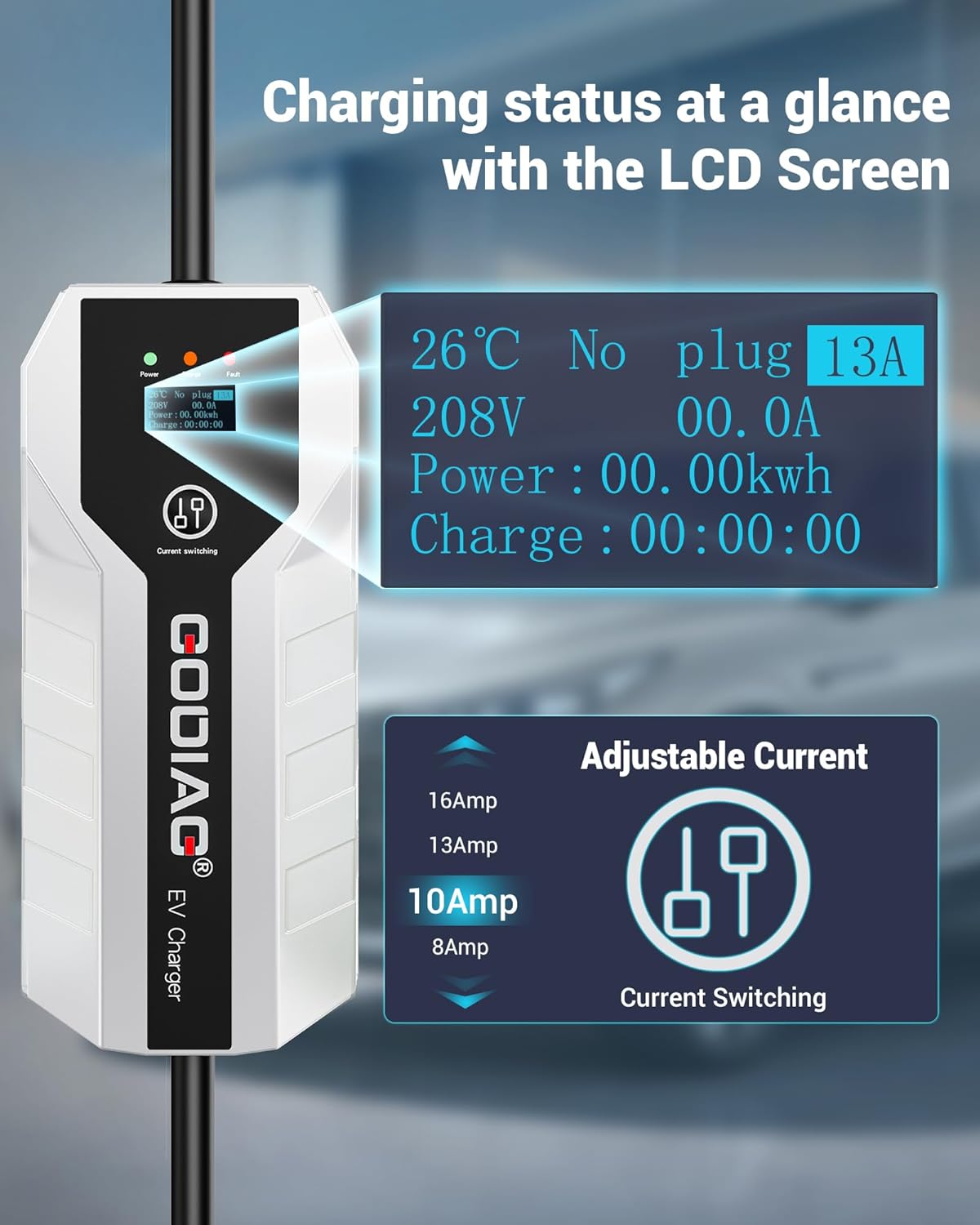 GODIAG Level 1+2 EV Charger - ETL Certified, 110V-240V, 16 Amp, 20ft Cable, Portable Electric Car Charger with NEMA 6-20 Plug, 5-15 Adapter for J1772 EVs and PHEVs