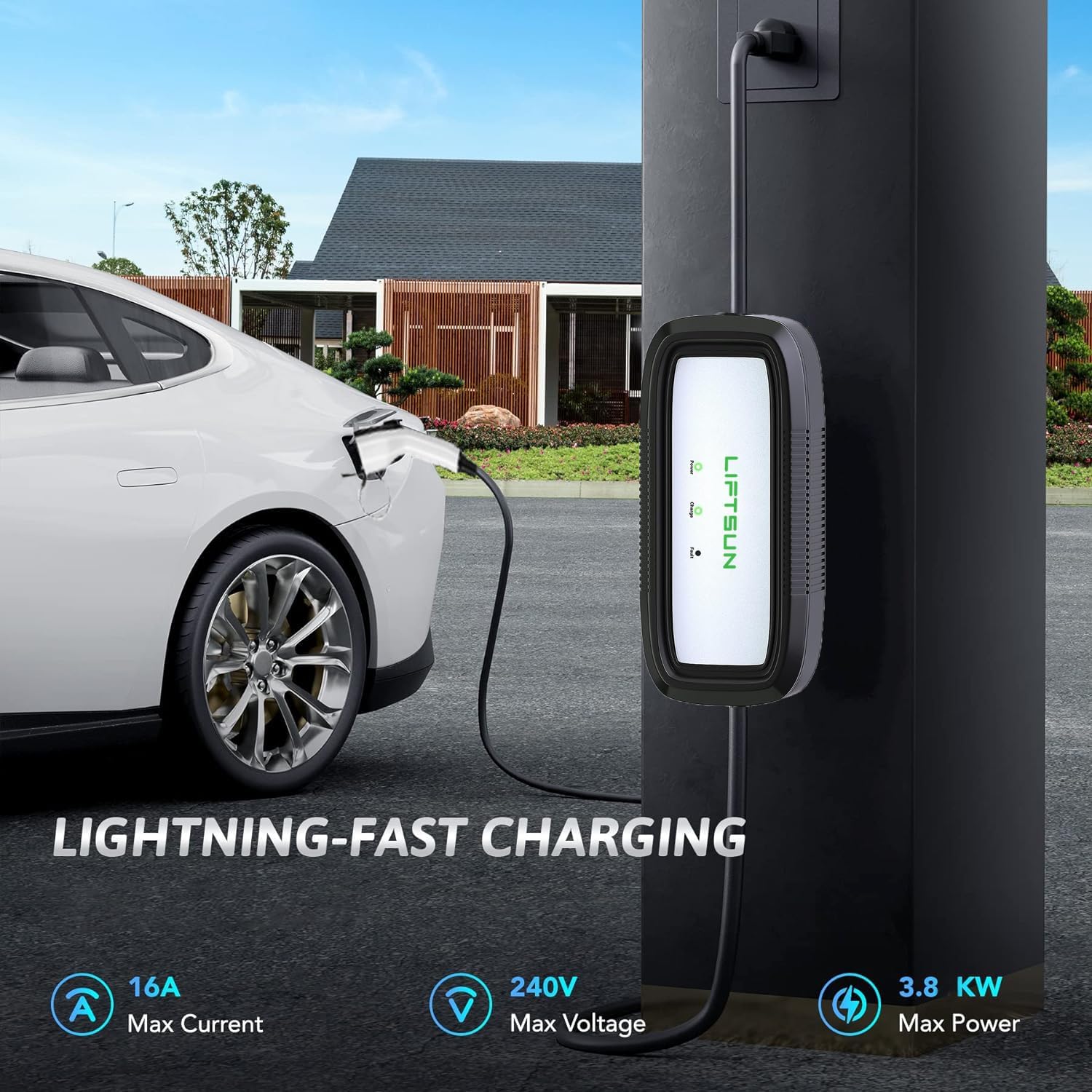 LiftSun Level 1+2 EV Charger, 16 Amp 120V or 240V, Portable Electric Vehicle Charger with 21Ft Charging Cable NEMA 6-20 Plug NEMA 5-15P Adapter, Plug-in Home EV Charging Station for SAE J1772 EVs