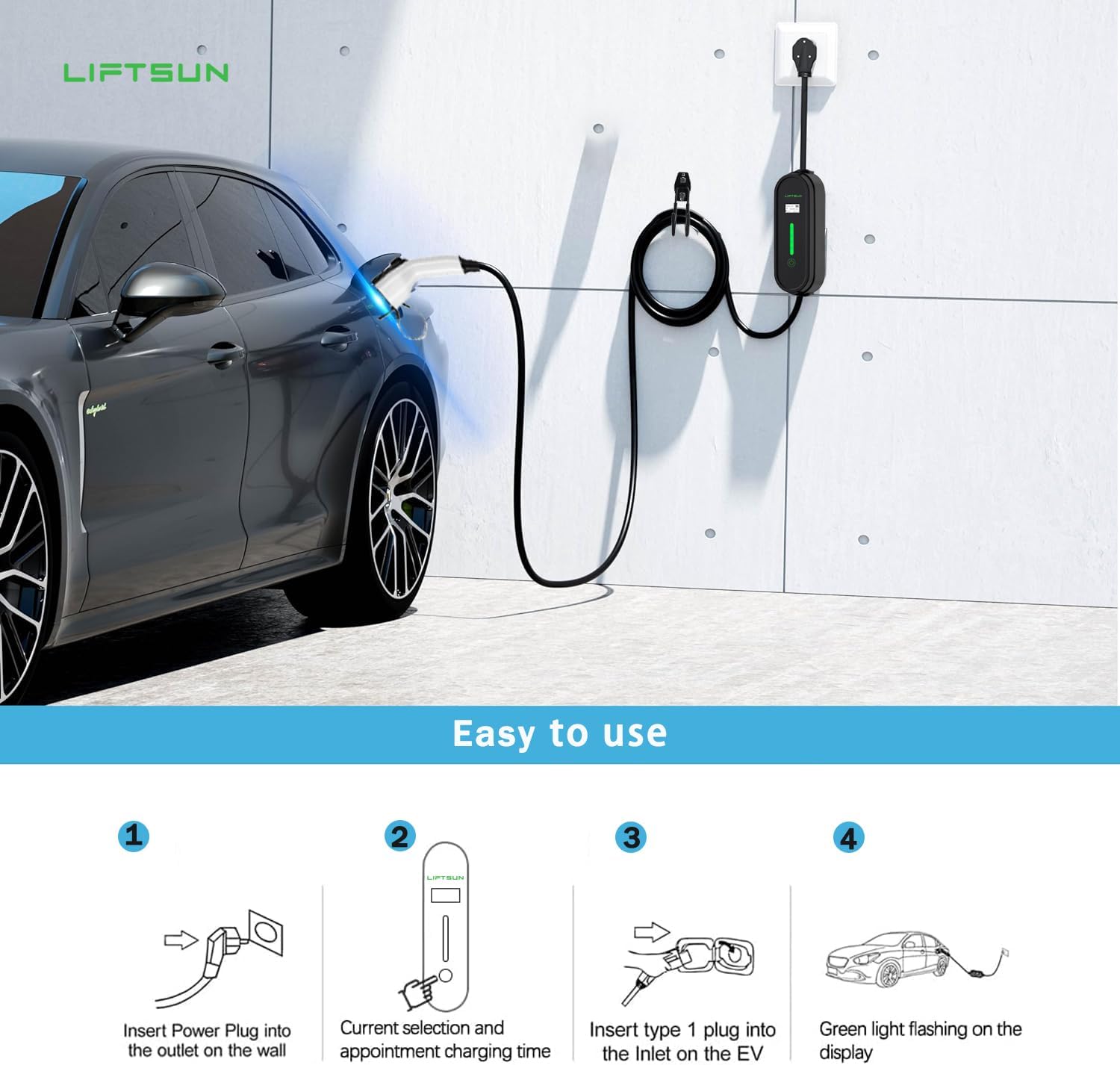 LiftSun Level 1+2 EV Charger, 16 Amp 120V or 240V, Portable Electric Vehicle Charger with 21Ft Charging Cable NEMA 6-20 Plug NEMA 5-15P Adapter, Plug-in Home EV Charging Station for SAE J1772 EVs