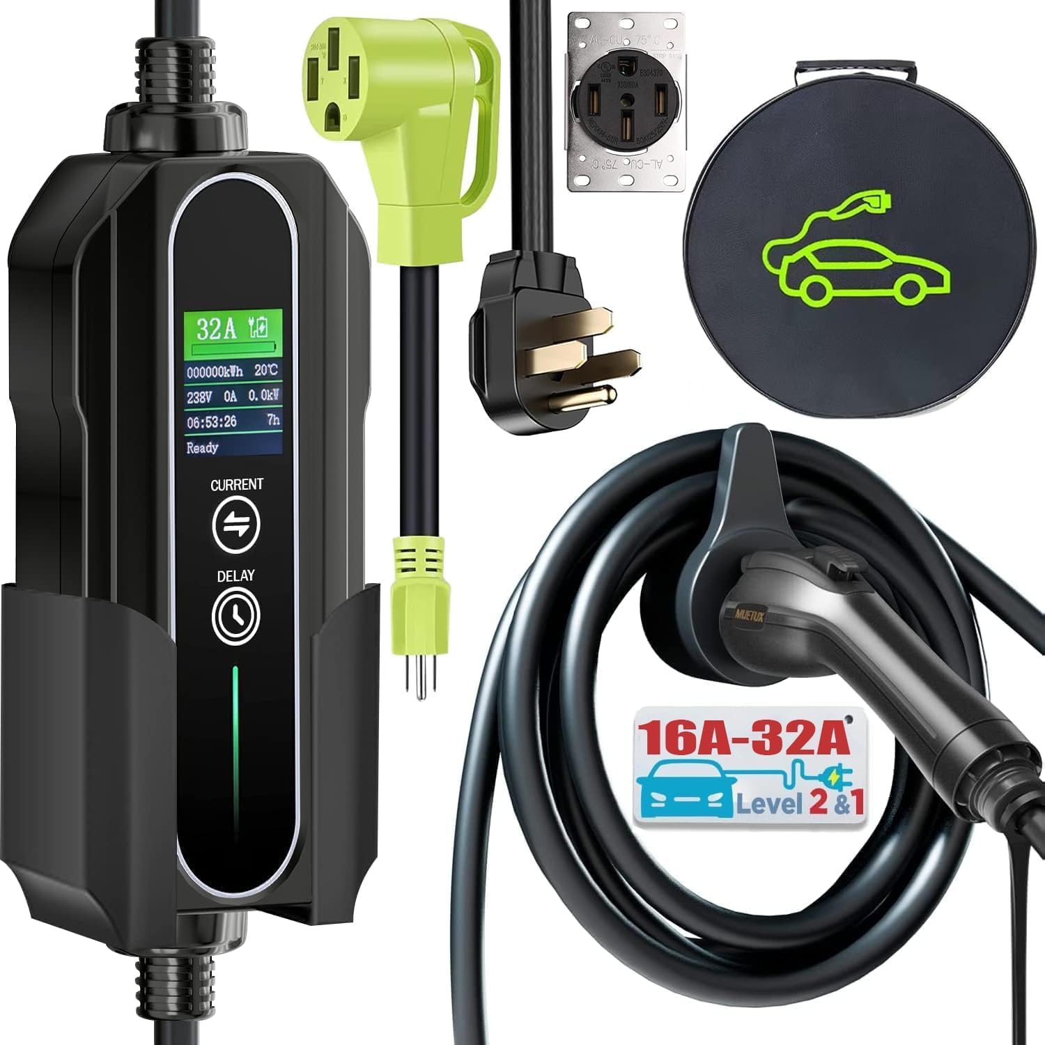 MUETUX Level 2 1 EV Charger (10-32Amp, 110V-240V, 25ft Cable, SAE J1772), Home/Outdoor Portable Electric Vehicle with NEMA 14-50P/5-15P to 14-50R Adapter, Adjustable 32A/24/20/16/10Amp, Delay 1-12h MUETUX Level 2 1 EV Charger (10-32Amp, 110V-240V, 25ft Cable, SAE J1772), Home/Outdoor Portable Electric Vehicle with NEMA 14-50P/5-15P to 14-50R Adapter, Adjustable 32A/24/20/16/10Amp, Delay 1-12h