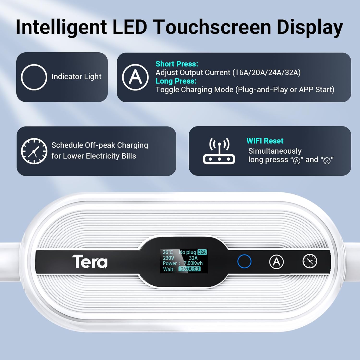 Tera Electric Vehicle Charger for Tesla: Level 1 2 J1772 32A 8A 110V 240V ETL Energy Star Wall Connector Dual Use EV Portable NEMA 14-50 5-15 Wi-Fi Enabled 25FT Cable with Holder P01