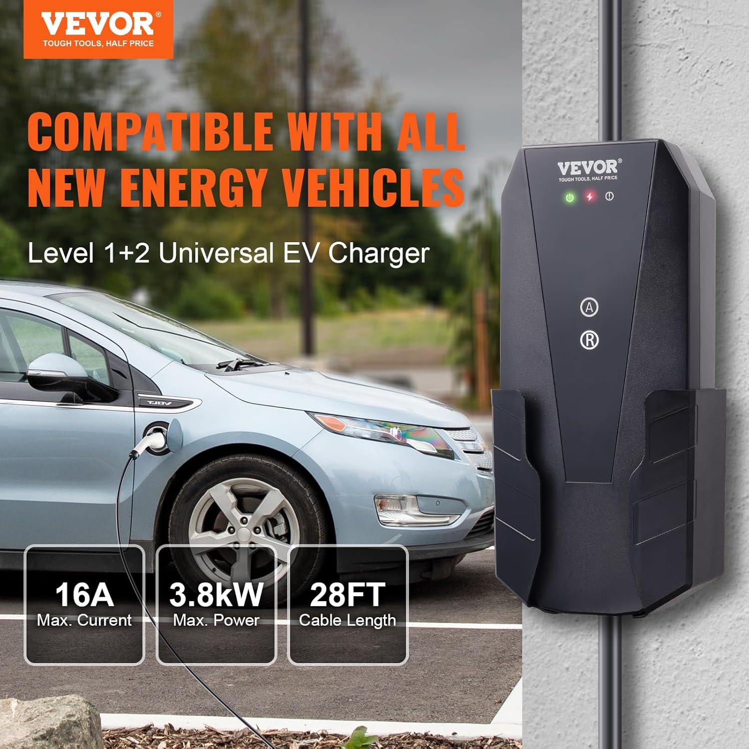 VEVOR Level 1+2 Portable EV Charger, 16 Amp 120V or 240V, Electric Vehicle Charger with 28-Foot Charging Cable NEMA 6-20P Plug NEMA 5-15 Adapter, Plug-in Home EV Charging Station for SAE J1772 EVs
