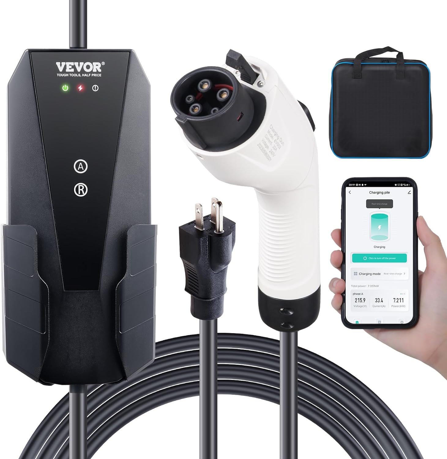 VEVOR Level 1+2 Portable EV Charger, 16 Amp 120V or 240V, Electric Vehicle Charger with 28-Foot Charging Cable NEMA 6-20P Plug NEMA 5-15 Adapter, Plug-in Home EV Charging Station for SAE J1772 EVs