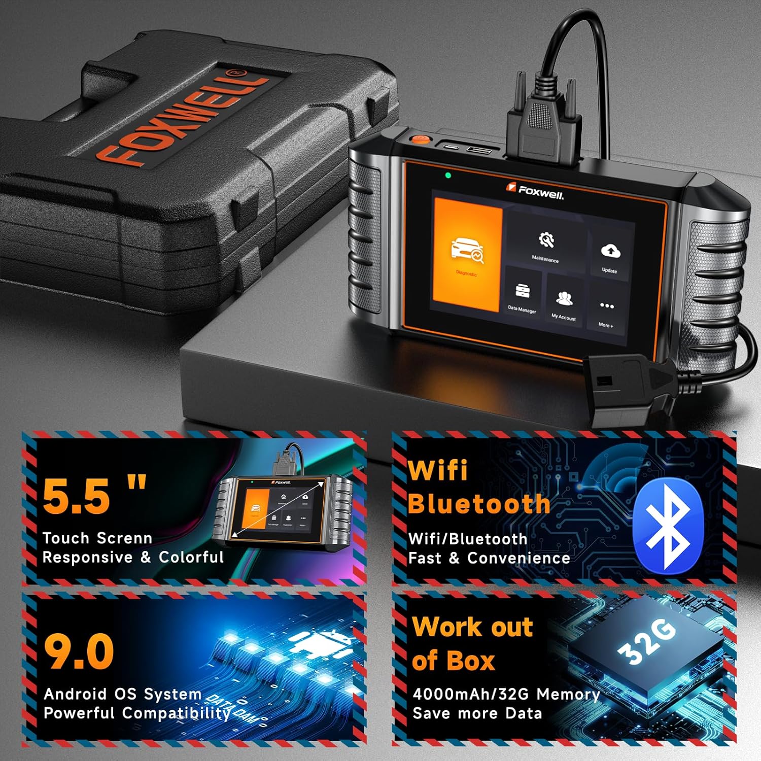 2024 FOXWELL NT716 OBD2 Scanner 9+ Resets Auto Scan Tool ABS SRS Transmission Engine Diagnostic Code Reader Free Update Injector Coding/D-P-F/BMS/ABS Bleeding/Oil Light/EPB/TPMS/SAS/Throttle Relearn