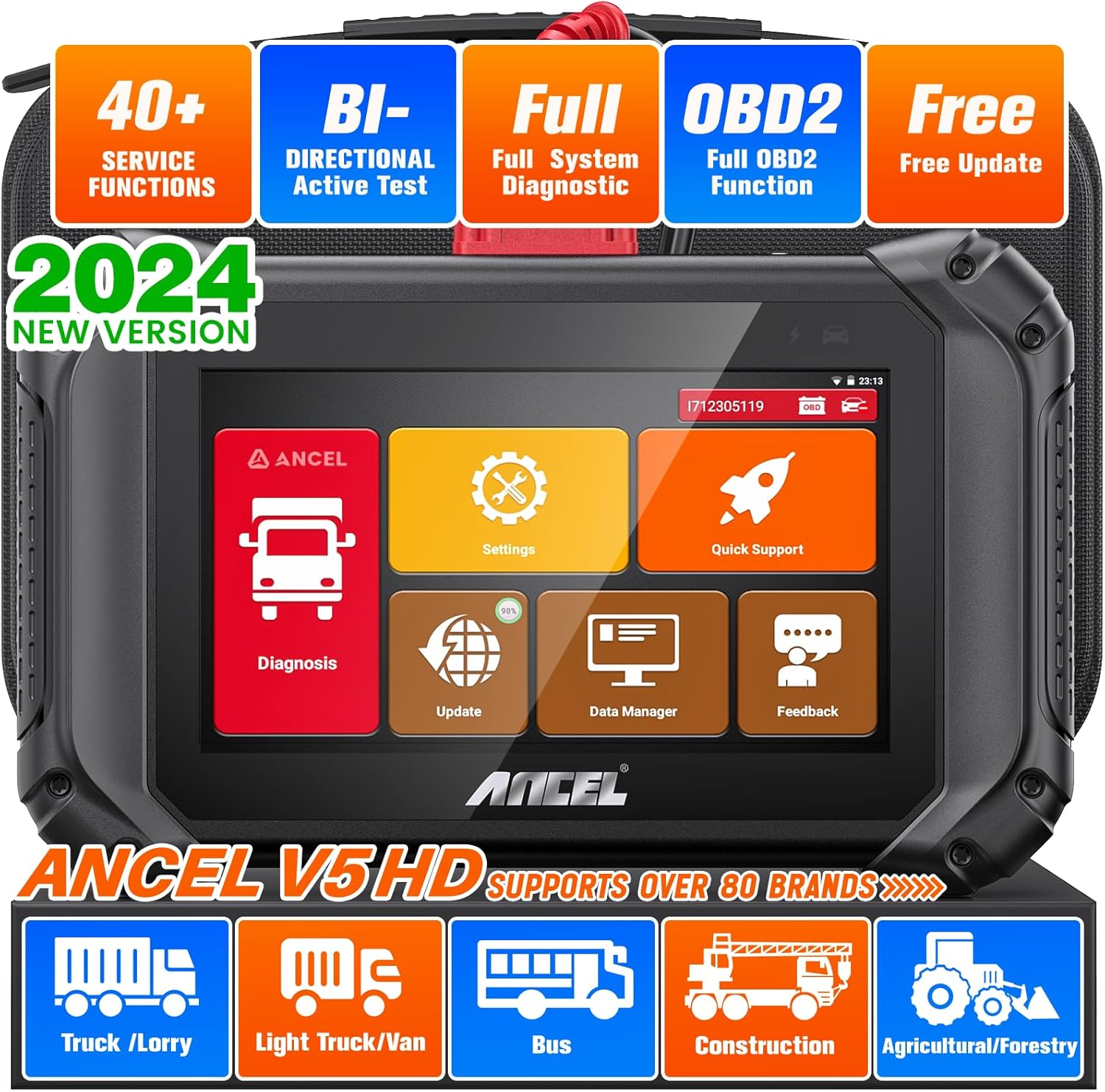 ANCEL V5 HD Heavy Duty Truck Scanner,2024 Elite Bidirectional Diesel Diagnostic Scan Tool,40+ Resets Full System Diagnostic Tool Code Reader ABS SRS DPF Regen for Truck Commercial Vehicle