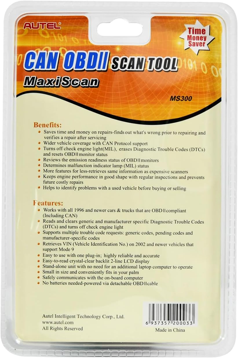Autel MS300 OBD2 Scanner Code Reader, Turn Off Check Engine Light, Read Erase Fault Codes, Check Emission Monitor Status CAN Diagnostic Scan Tool Autel MS300 OBD2 Scanner Code Reader, Turn Off Check Engine Light, Read Erase Fault Codes, Check Emission Monitor Status CAN Diagnostic Scan Tool