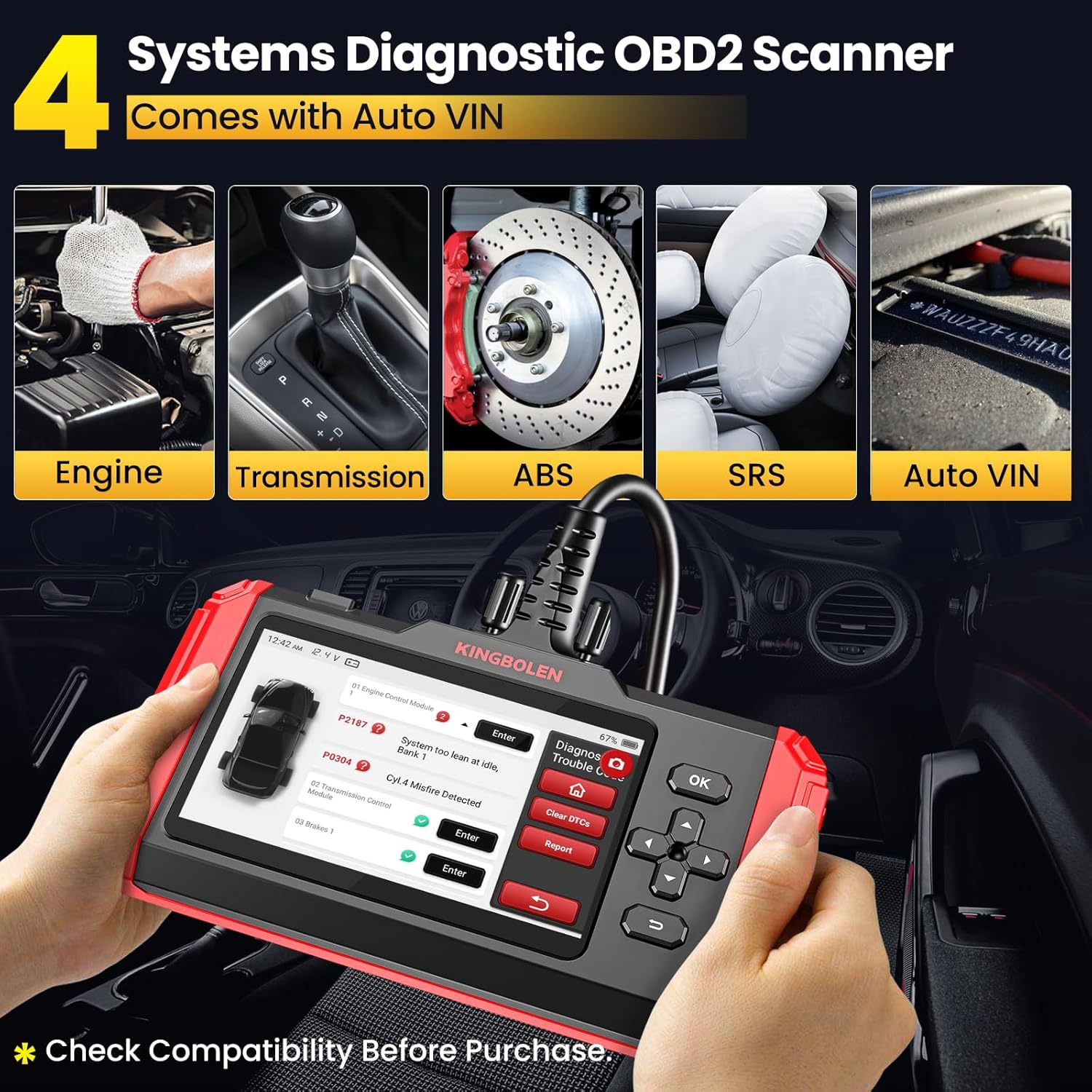 KINGBOLEN S500 OBD2 Automotive Diagnostic Scanner Tool, Engine/TCM/SRS/ABS 4 System Scan tool with 4 Services,AutoVIN Car Code Reader OIL Brake SAS Throttle Adaptation 4 Resets,Lifetime F-ree Upgrade