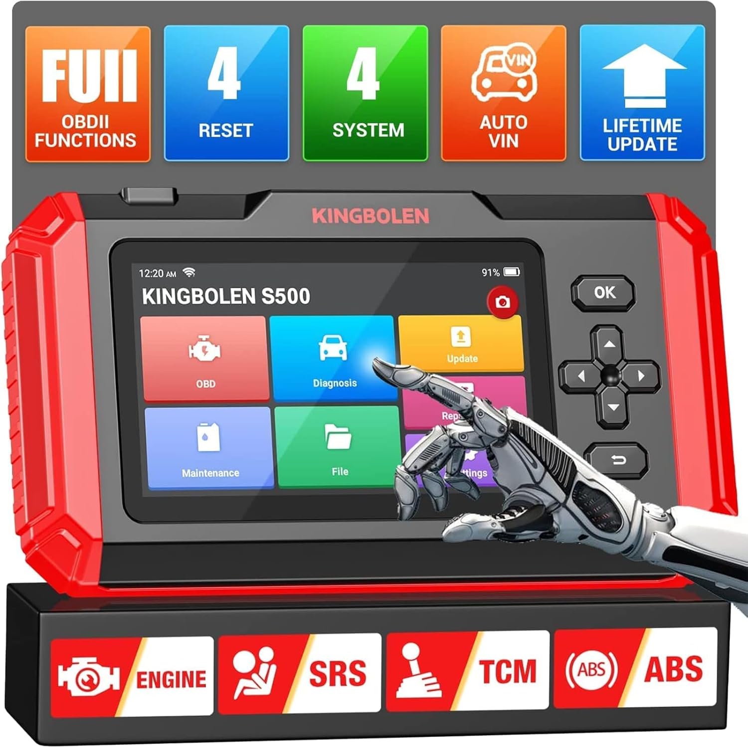 KINGBOLEN S500 OBD2 Automotive Diagnostic Scanner Tool, Engine/TCM/SRS/ABS 4 System Scan tool with 4 Services,AutoVIN Car Code Reader OIL Brake SAS Throttle Adaptation 4 Resets,Lifetime F-ree Upgrade