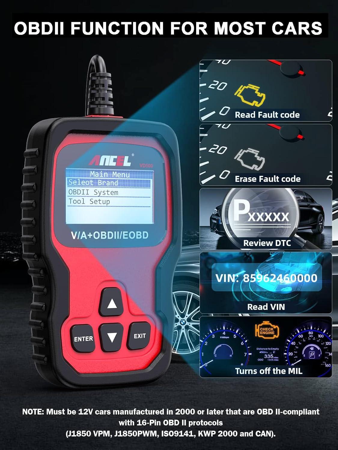 ANCEL VD500 OBD2 Scanner Diagnostic Tool for Volkswagen VW Audi Skoda Seat Full Systems Check Engine Light EPB ABS SRS Code Reader Oil Throttle Position Adaption Brake Pad Reset