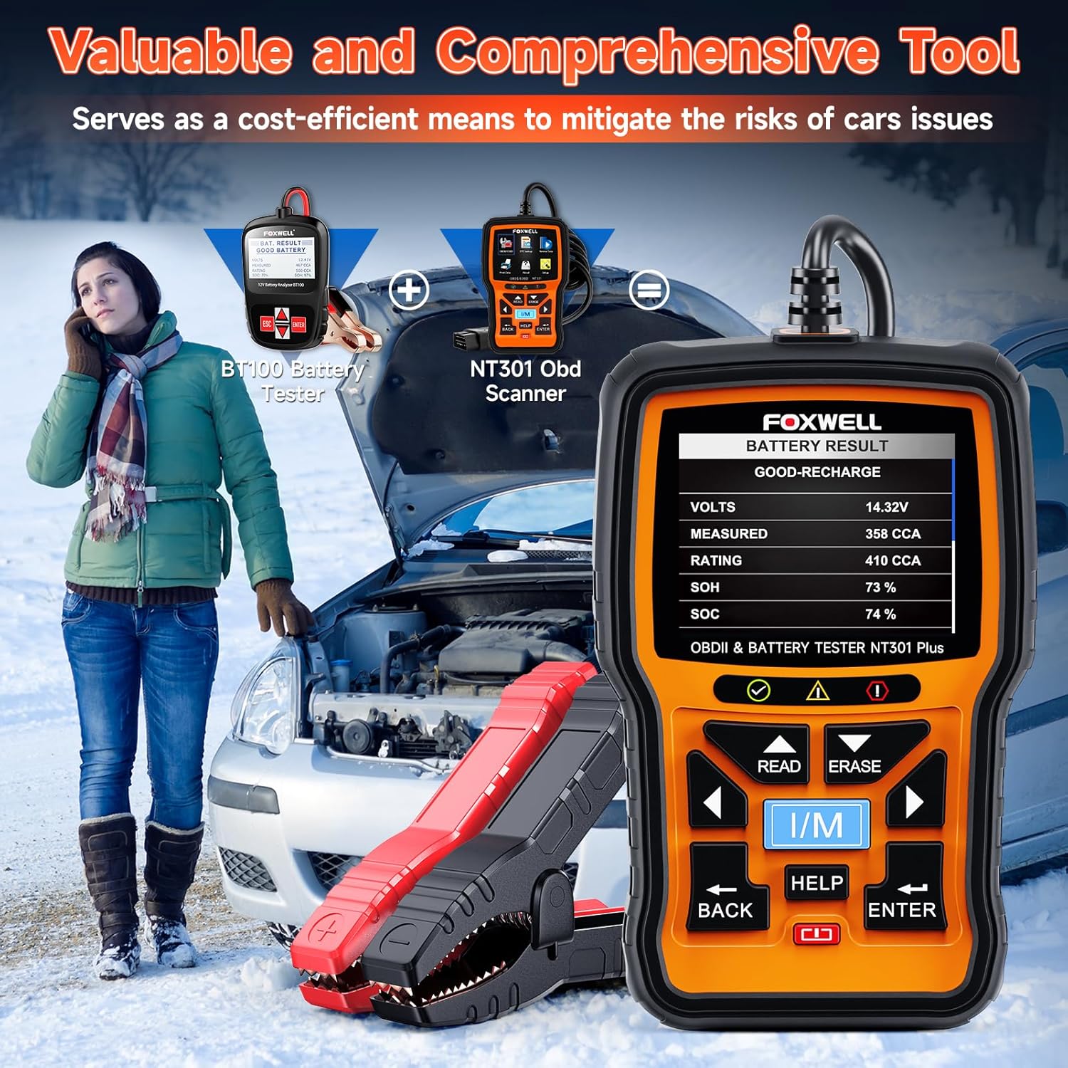 FOXWELL NT301 Plus 2 IN1 OBD2 Scanner Battery Tester, OBD2 Scanner Diagnostic Tool Check Engine Car Code Reader, 12V 100-2000 CCA Battery/Charging/Cranking Test, EVAP Live Data, Full OBDII Diagnosis FOXWELL NT301 Plus 2 IN1 OBD2 Scanner Battery Tester, OBD2 Scanner Diagnostic Tool Check Engine Car Code Reader, 12V 100-2000 CCA Battery/Charging/Cranking Test, EVAP Live Data, Full OBDII Diagnosis