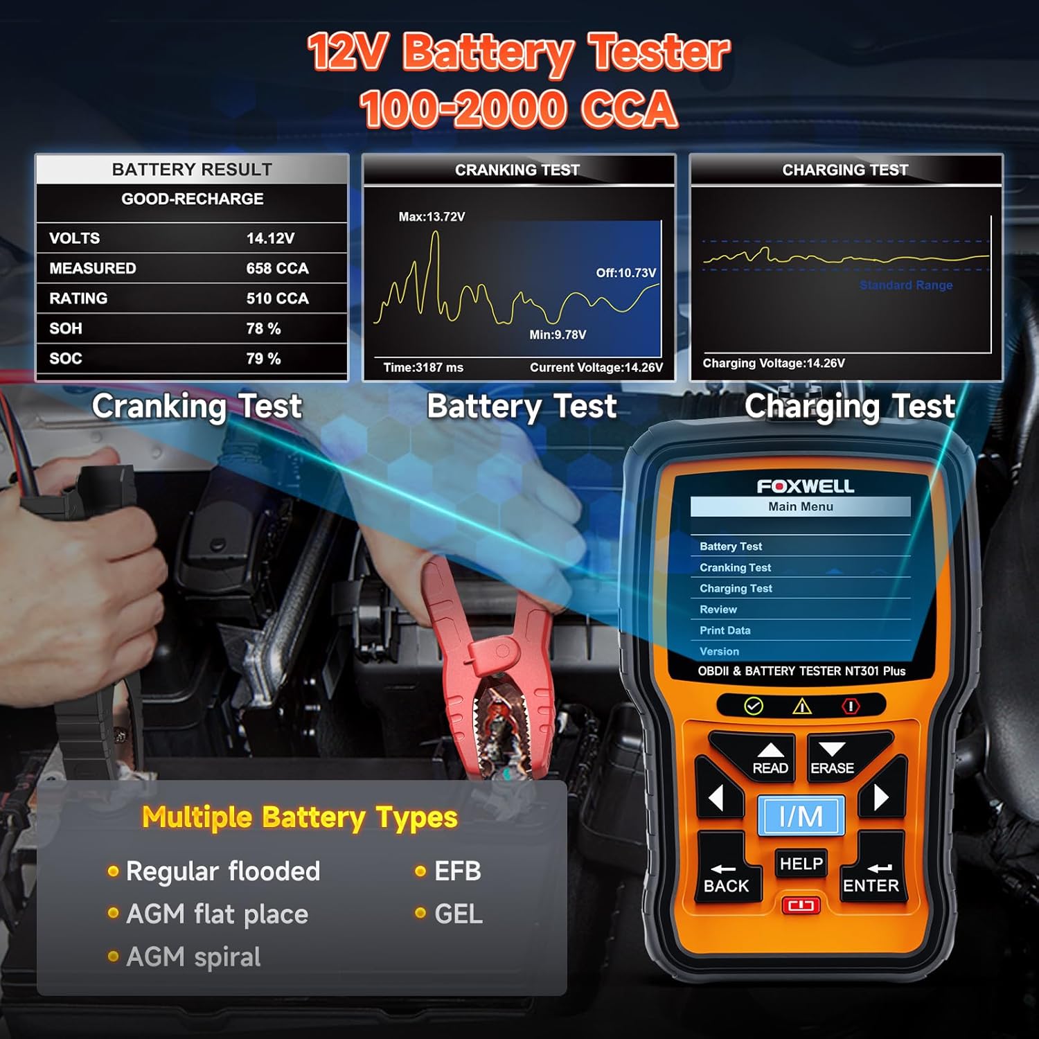 FOXWELL NT301 Plus 2 IN1 OBD2 Scanner Battery Tester, OBD2 Scanner Diagnostic Tool Check Engine Car Code Reader, 12V 100-2000 CCA Battery/Charging/Cranking Test, EVAP Live Data, Full OBDII Diagnosis FOXWELL NT301 Plus 2 IN1 OBD2 Scanner Battery Tester, OBD2 Scanner Diagnostic Tool Check Engine Car Code Reader, 12V 100-2000 CCA Battery/Charging/Cranking Test, EVAP Live Data, Full OBDII Diagnosis