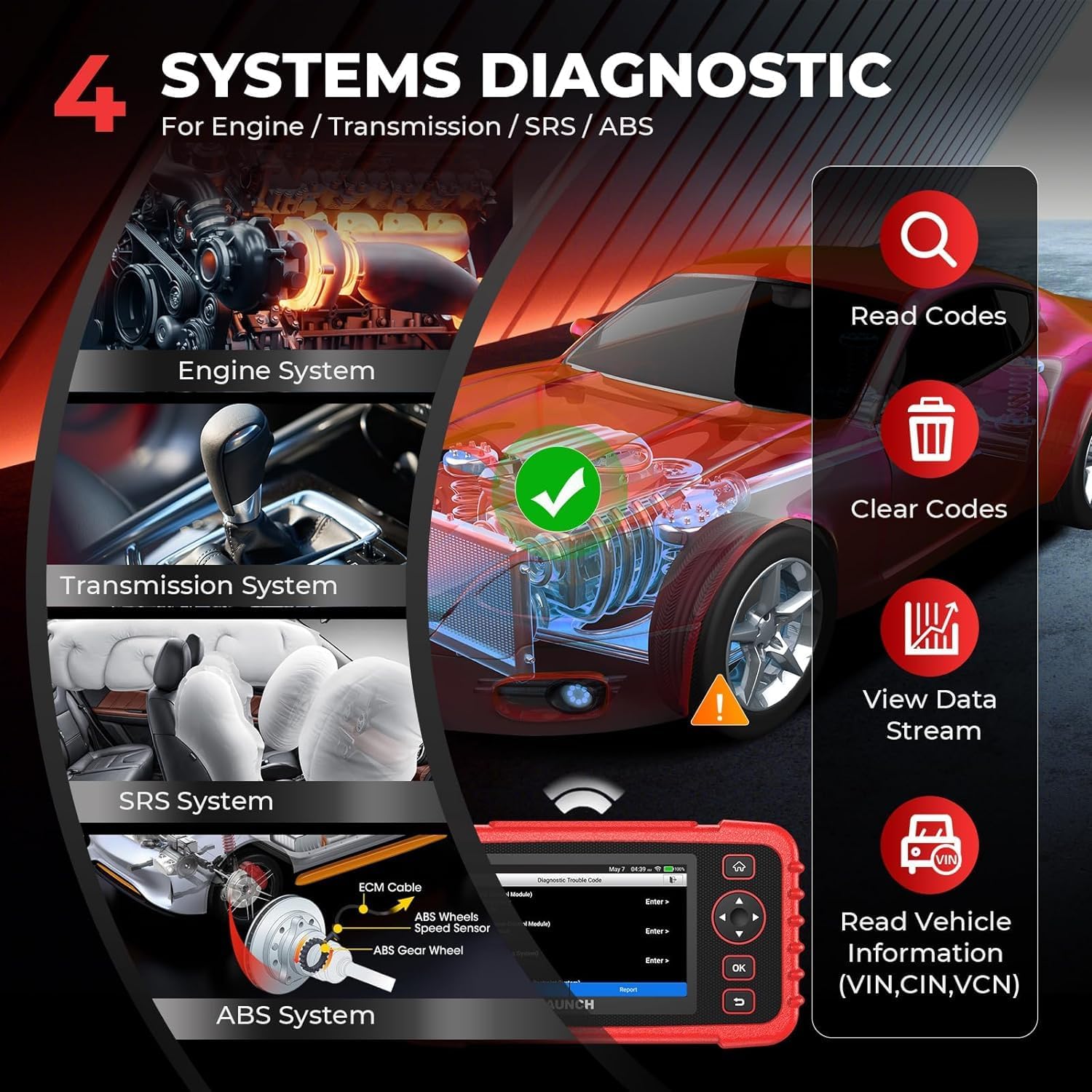 LAUNCH OBD2 Scanner CRP123X Elite Car Scanner,2024 Lifetime Free Online Update Diagnostic Scan Tool with SAS/Throttle Reset,ABS SRS Transmission Car Check Engine Code Reader,Auto VIN,Battery Test