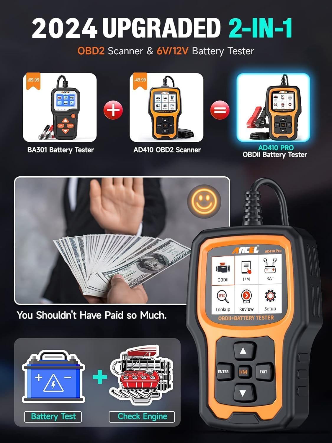 ANCEL AD410 Pro 2 in 1 OBD2 Scanner Battery Tester, OBD2 Scanner Diagnostic Tool for Car Check Engine Code Reader Scan Tool 6V 12V 100-2000 CCA Battery Charging Cranking Test EVAP Live Data