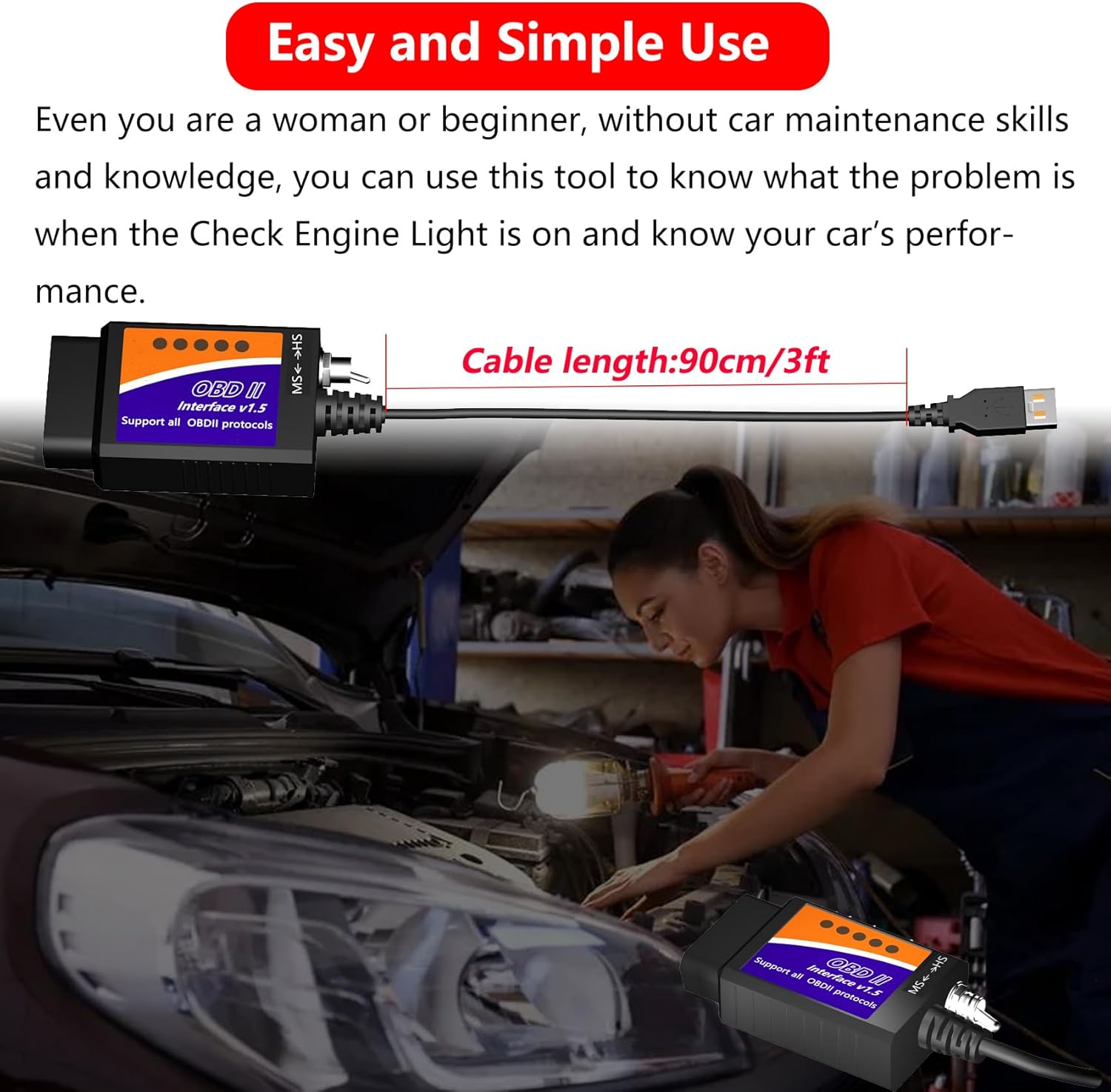 ELM327 OBD2 to USB Cable ELM327 OBD2 Adapter Code Reader Scanner ELM 327 USB Cable Interface OBD to USB OBD 2 II Connector OBDII Scan Automotive Diagnostic Tool for Ford Chevy GM Toyota for Laptop PC
