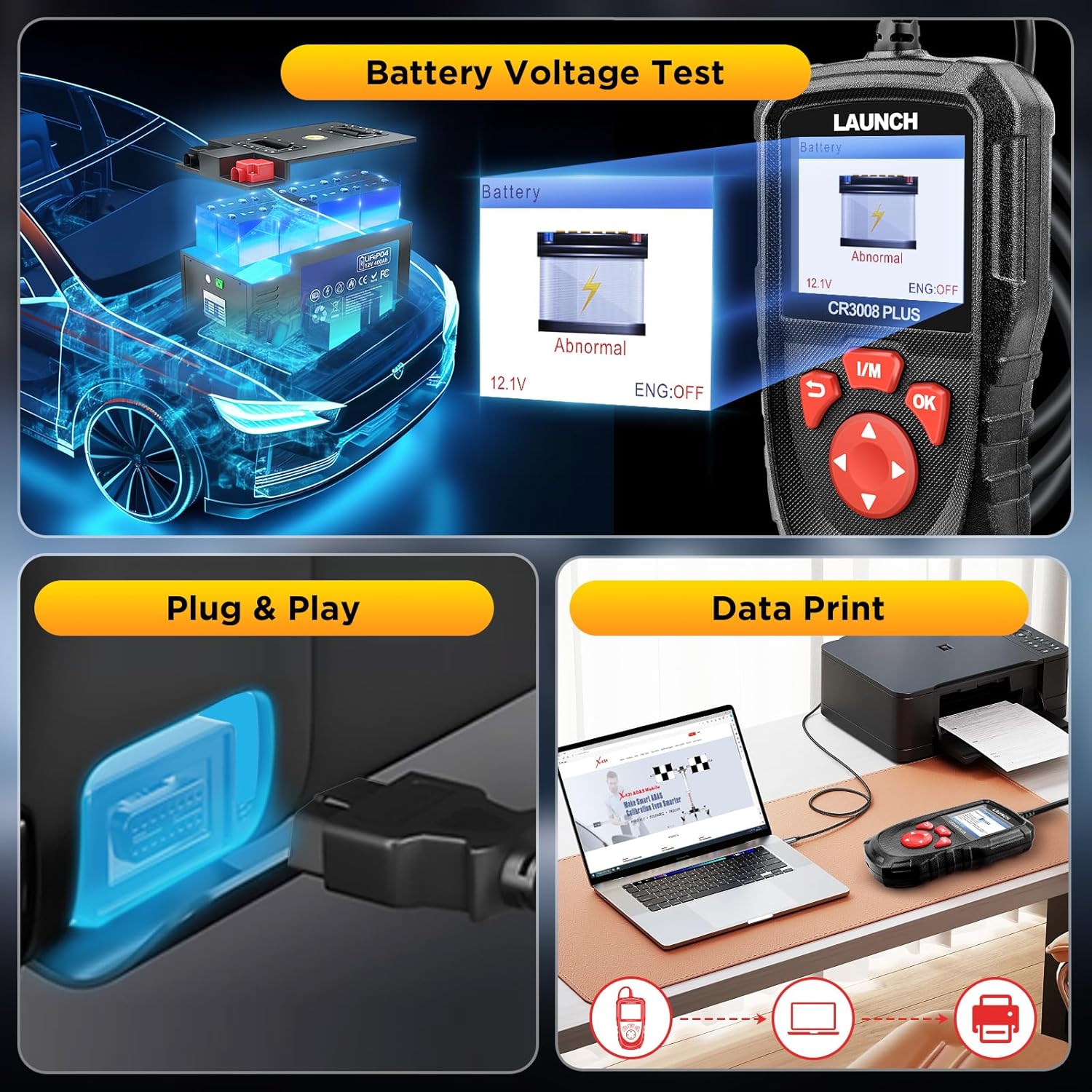 LAUNCH Professional OBD2 Scanner Diagnostic Tool CR3008 Plus,One-Key I/M,Lifetime Update Code Reader,Enhanced Check Engine Code Reader OBDII Car Scan Tool for All Vehicles After 1996,Battery Test