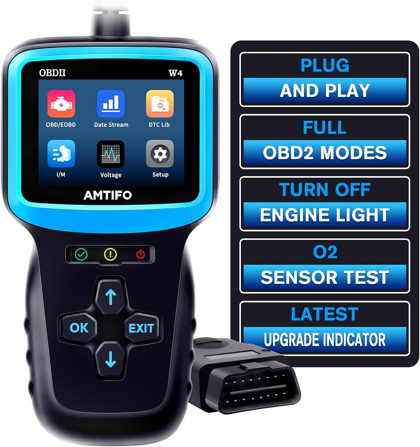 OBD2 Scanner Color Screen Live Data: Easy Set up Reset Clear Engine Error Code PlugPlay Upgraded Indicator Light Test Voltage/EVAP/O2 Sensor Diagnostic Scan Tool for All Cars Since 1996,AMTIFO W4