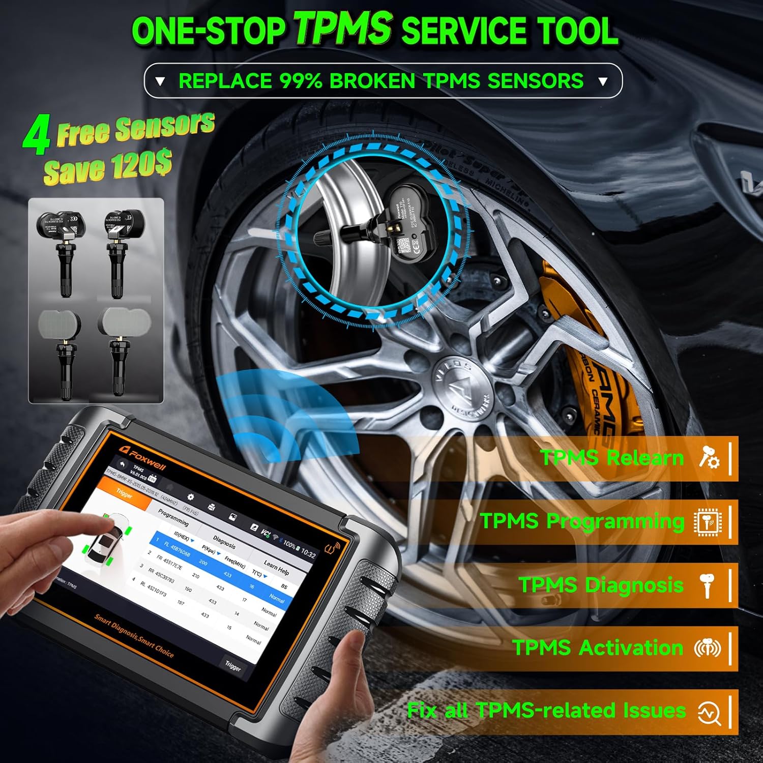 2024 Newest Updated of NT809/NT809BT FOXWELL NT809TS OBD2 Scanner TPMS Programmer 30+ Resets Bidirectional Tool All System Car Scanner with 4 PCS Sensors Complete TPMS Check/Activate/Relearn Services
