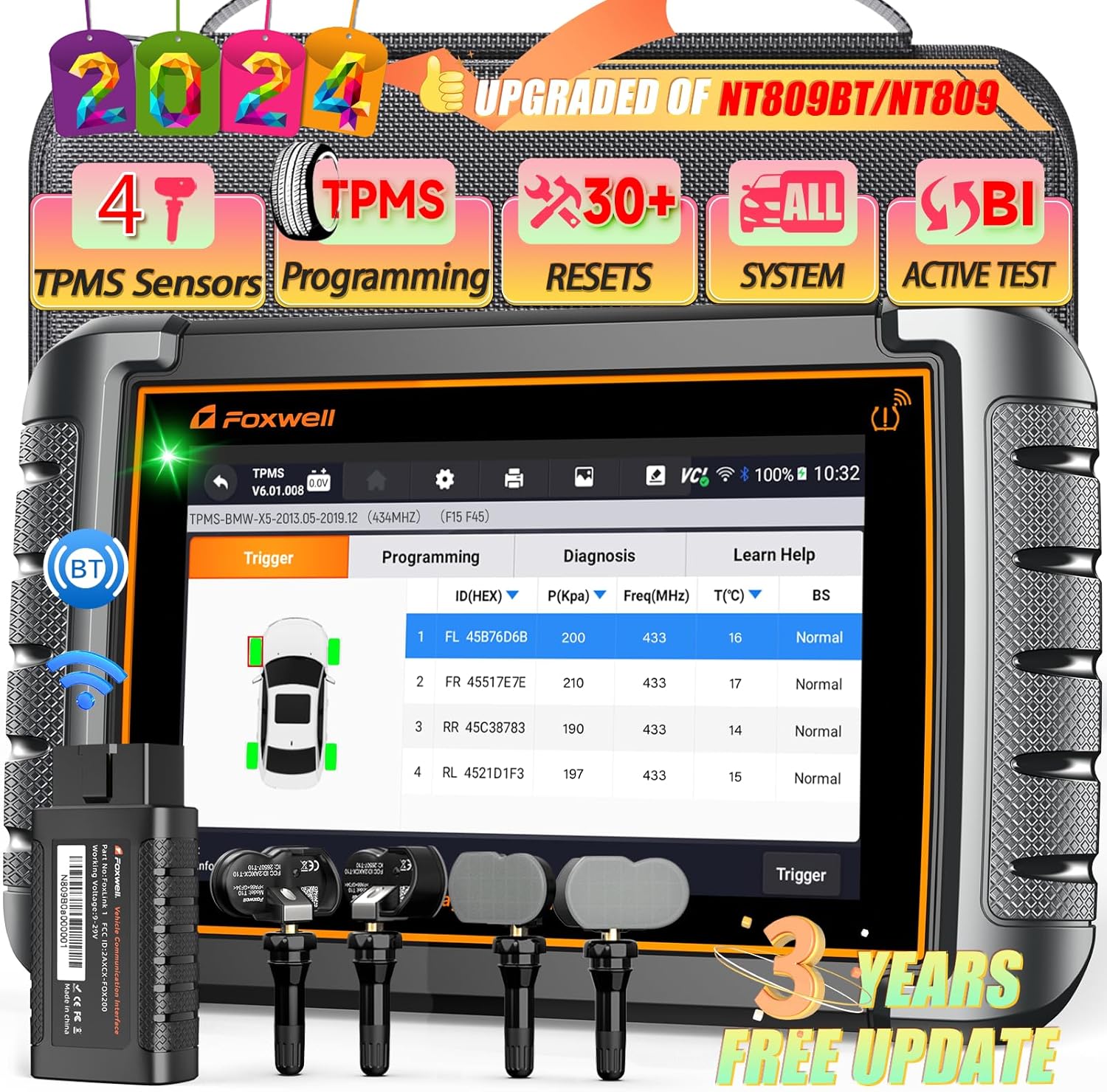 2024 Newest Updated of NT809/NT809BT FOXWELL NT809TS OBD2 Scanner TPMS Programmer 30+ Resets Bidirectional Tool All System Car Scanner with 4 PCS Sensors Complete TPMS Check/Activate/Relearn Services