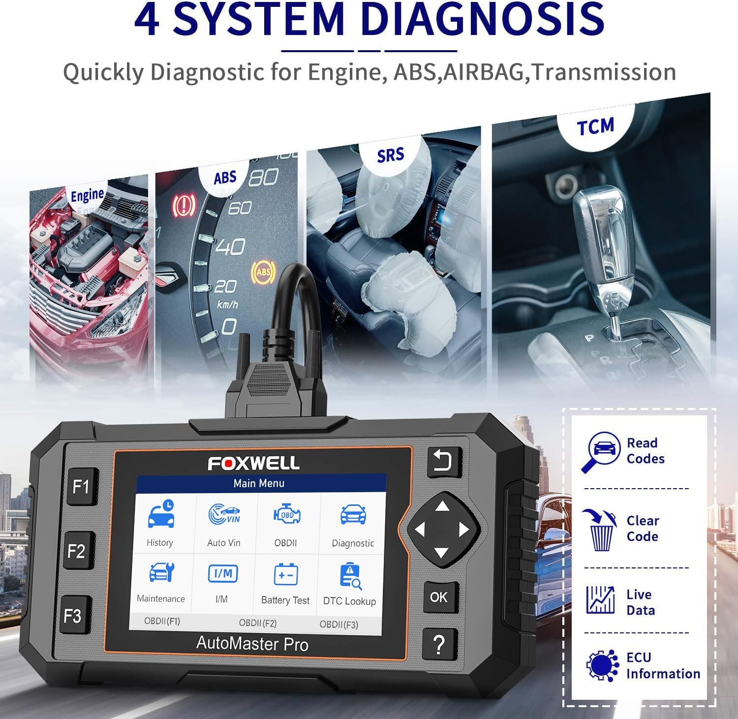 FOXWELL Code Reader NT614 Elite OBD2 Scanner and FOXWELL OBD2 OBD II 16Pin Male to Female Diagnostic Extension Convert Cable
