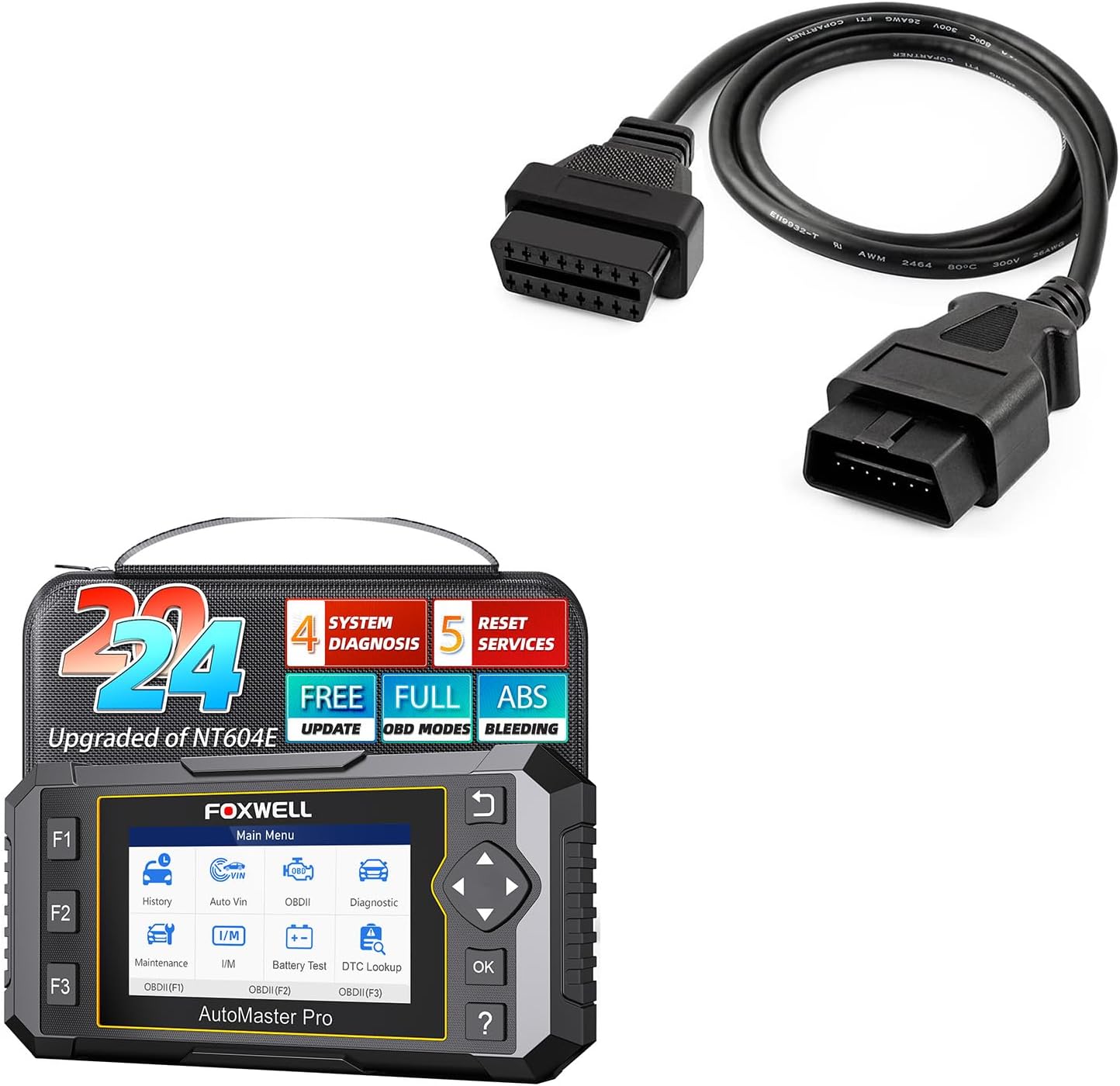 FOXWELL Code Reader NT614 Elite OBD2 Scanner and FOXWELL OBD2 OBD II 16Pin Male to Female Diagnostic Extension Convert Cable