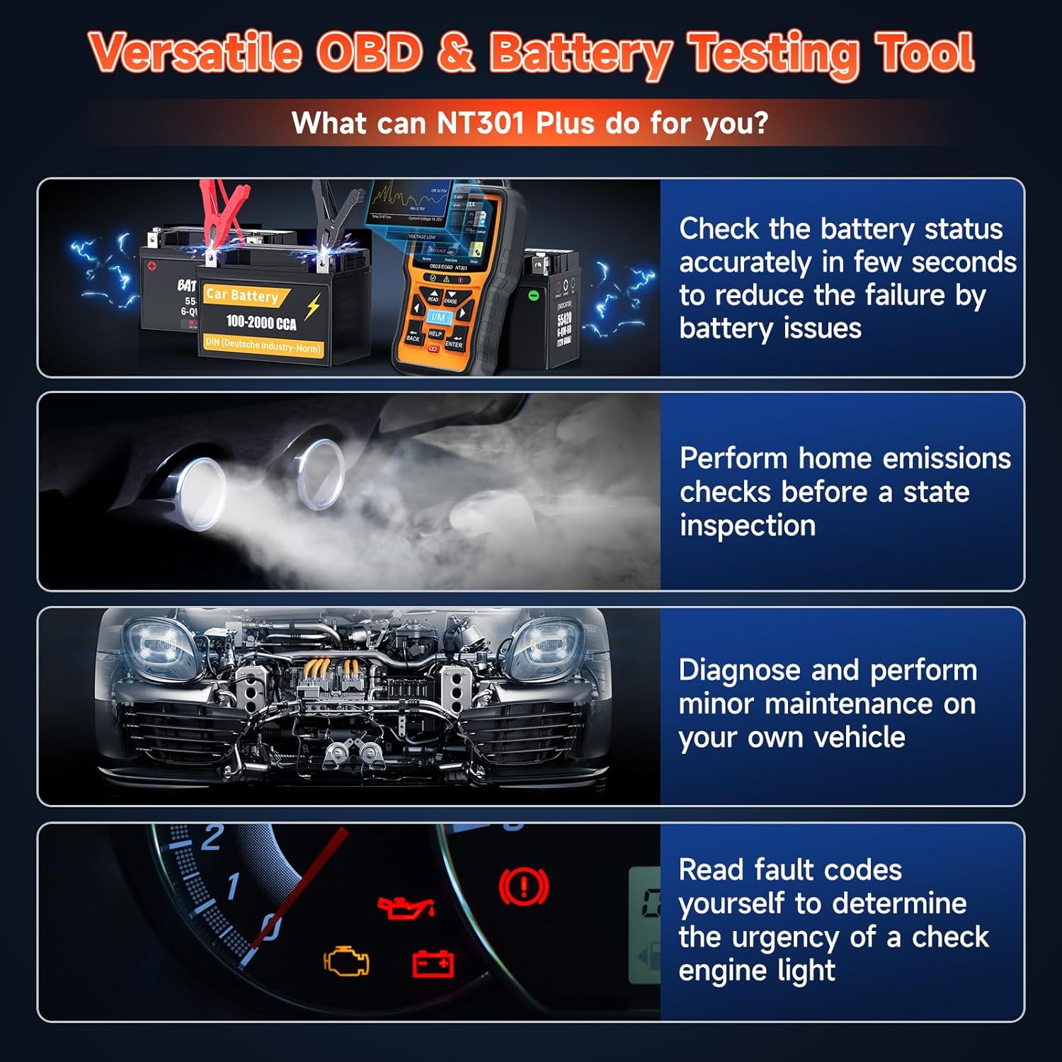 FOXWELL NT624 Elite OBD2 Scanner, All System with 8 Resets ABS Bleeding/SAS/Oil/TPS/EPB/BRT/Injector/D-P-F Resets + NT301 Plus OBD2 Scanner Battery Tester 12V, 4 IN1 OBD Scanner