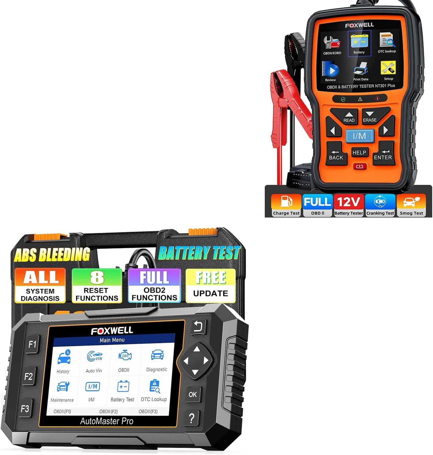 FOXWELL NT624 Elite OBD2 Scanner, All System with 8 Resets ABS Bleeding/SAS/Oil/TPS/EPB/BRT/Injector/D-P-F Resets + NT301 Plus OBD2 Scanner Battery Tester 12V, 4 IN1 OBD Scanner