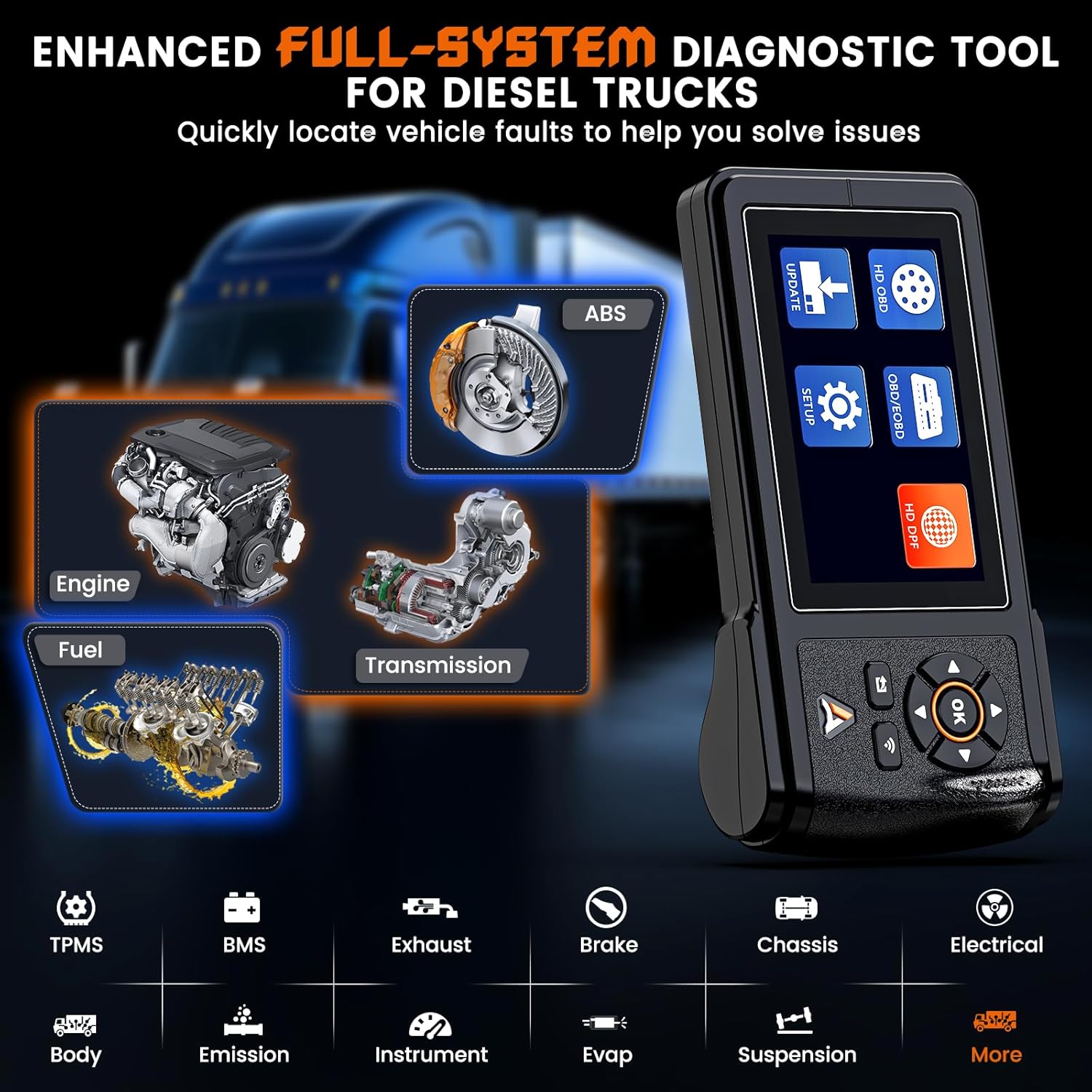 ANCEL HD430 Heavy Duty Truck Scanner, DPF Reset Forced Regeneration for Cummins Caterpillar Engine, Full System HDOBD Diesel Scanner OBD2 Diagnostic Scan Tool Code Reader for Diesel Trucks Cars