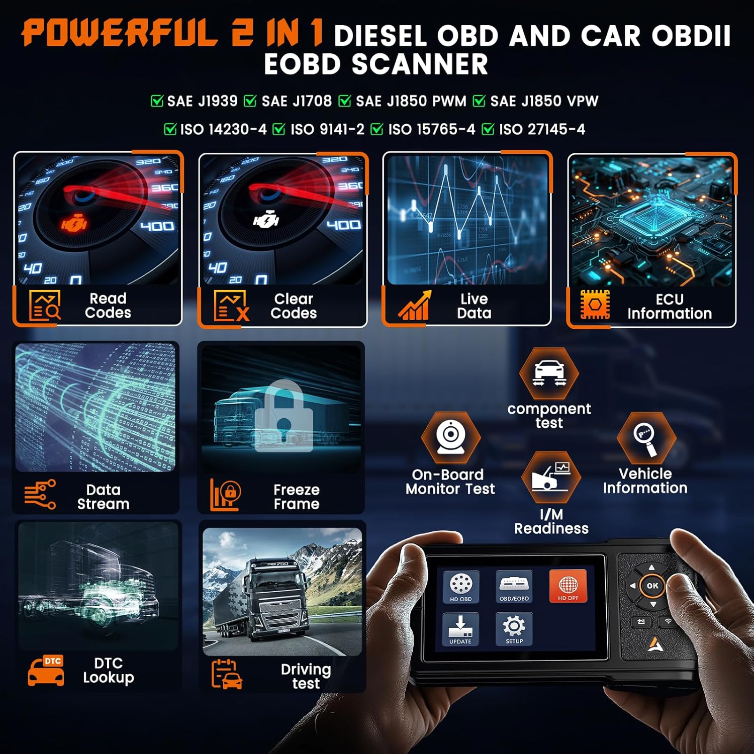 ANCEL HD430 Heavy Duty Truck Scanner, DPF Reset Forced Regeneration for Cummins Caterpillar Engine, Full System HDOBD Diesel Scanner OBD2 Diagnostic Scan Tool Code Reader for Diesel Trucks Cars