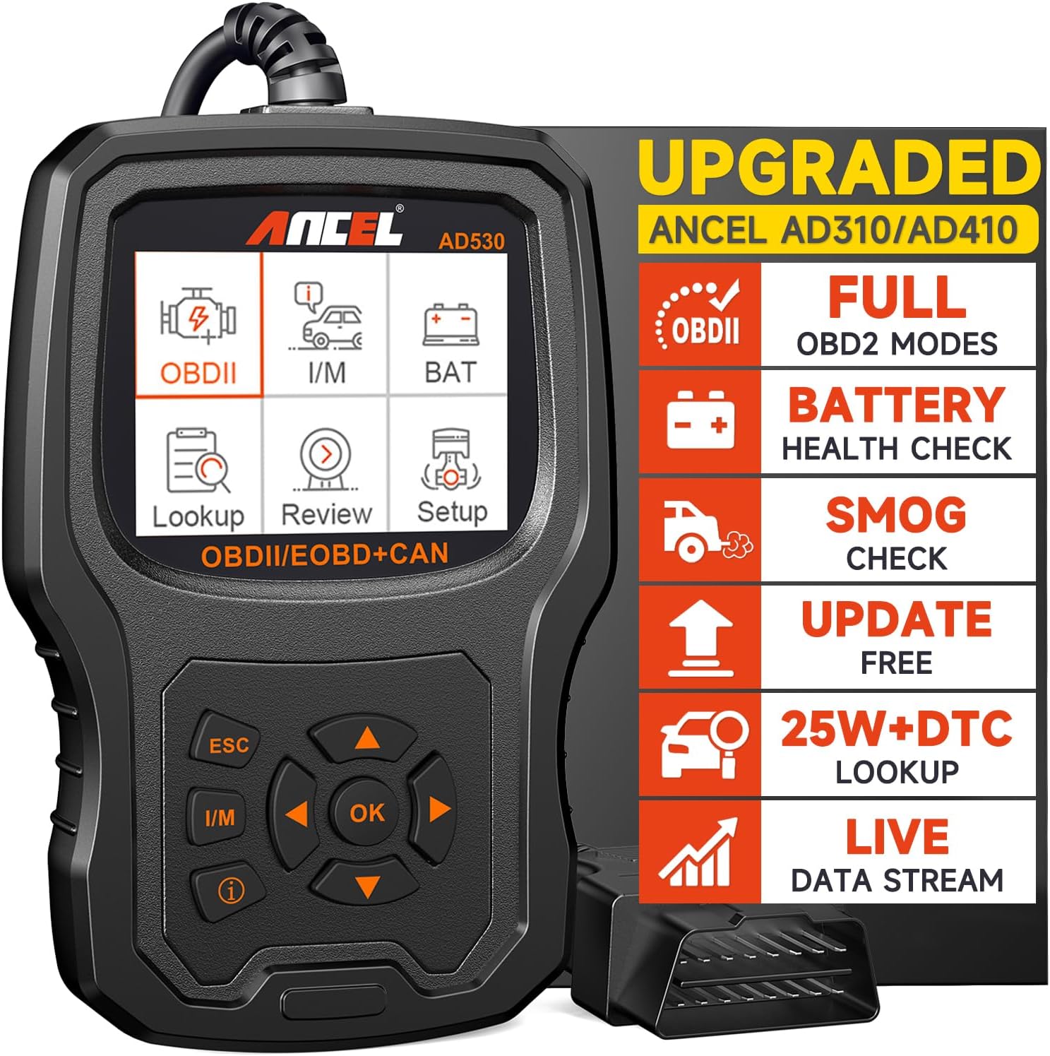 ANCEL (Upgraded AD310) AD530 OBD2 Scanner Diagnostic Tool with Battery Test Car Engine Light Code Reader Scan Tool, All OBD2 Function Enhanced Code Definition and Upgraded Graphing Battery Status
