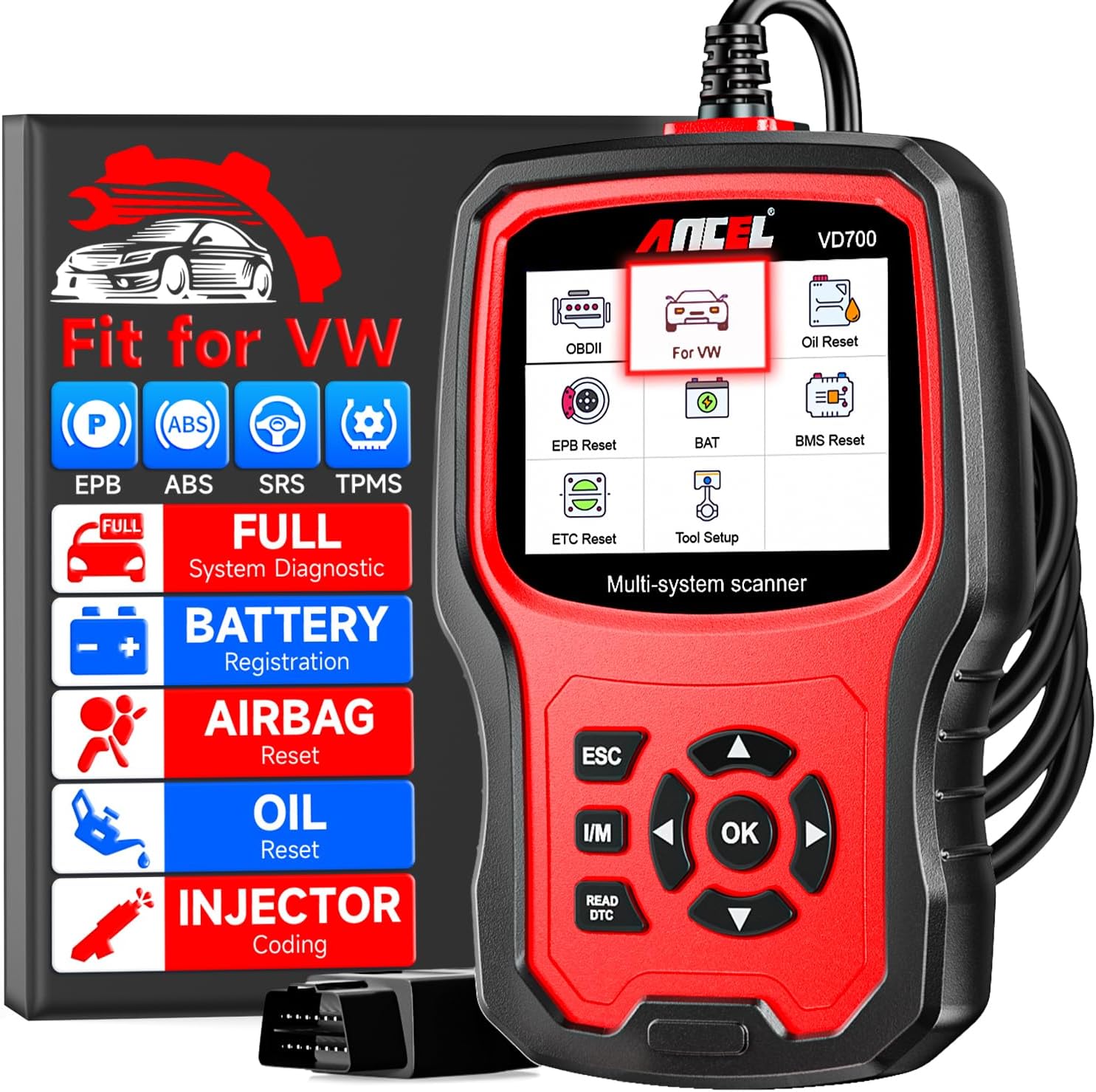 ANCEL VD700 Full Systems Diagnostic Tool Fit for Volkswagen VW Audi Skoda Seat, All Functions OBD2 Scanner Car Code Reader for VAG Vehicles with Battery Registration EPB Reset (Upgraded VD500)