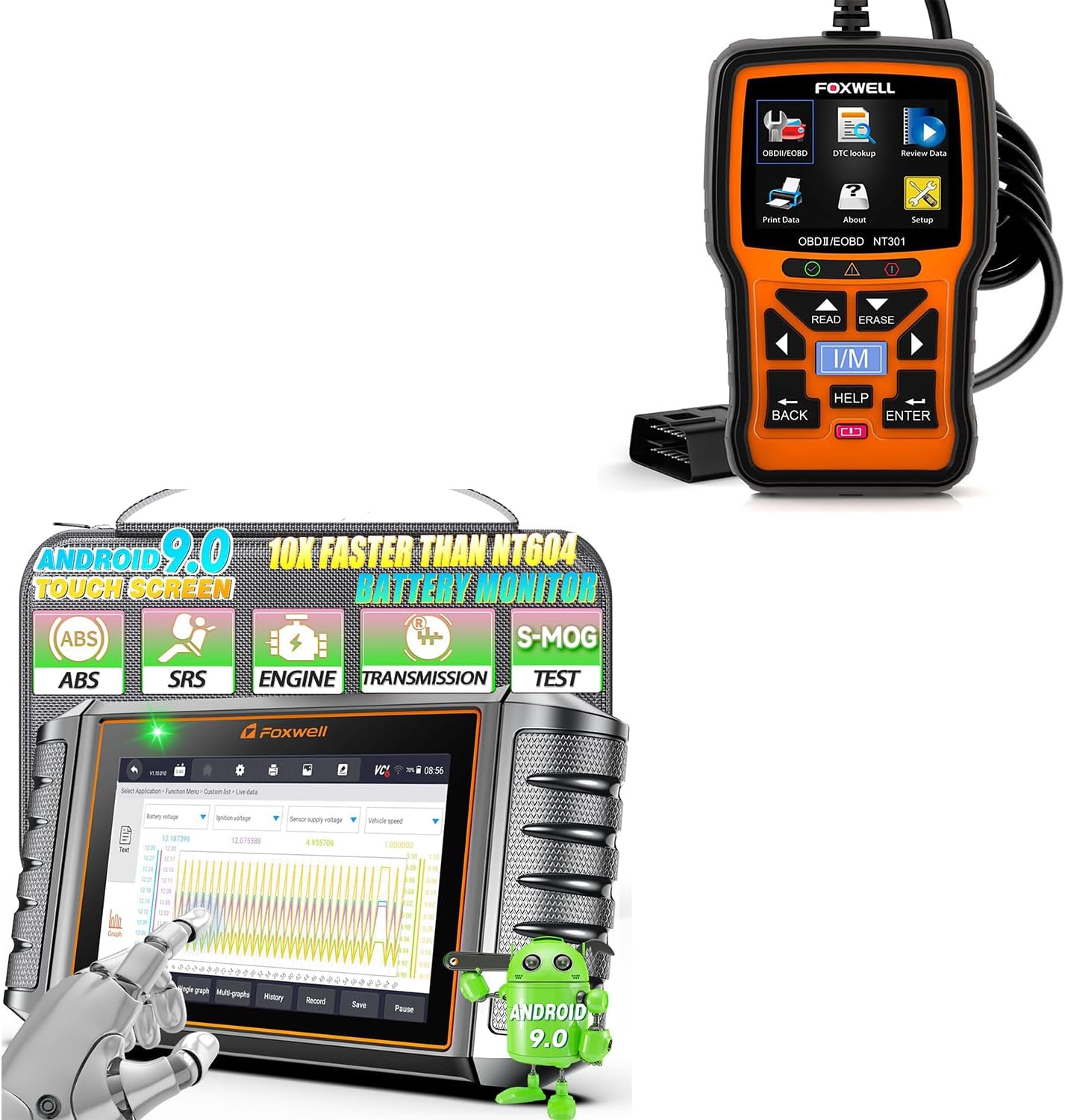 FOXWELL NT706 OBD2 Scanner Diagnostic Tool ABS/SRS Airbag/Transmission/Check Engine Code Reader Battery Test + NT301 OBD2 Scanner Live Data Professional Mechanic OBDII Diagnostic Code Reader Tool