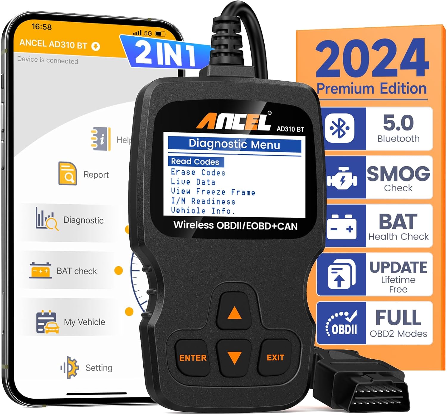 ANCEL AD310BT OBD2 Scanner Diagnostic Tool, Car Code Reader Bluetooth with Premium App On iOS Android, Vehicle Code Reader Check Engine Light for All Cars After 1996