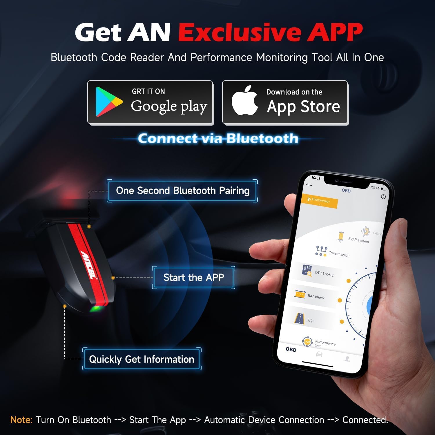 ANCEL BD200 OBD2 Scanner Bluetooth - Code Reader Check Engine Diagnostic Scan Tools with Car Battery Test, Exclusive App On iOS Android, Wireless OBDII Adapter Works for 1996 Newer Vehicles