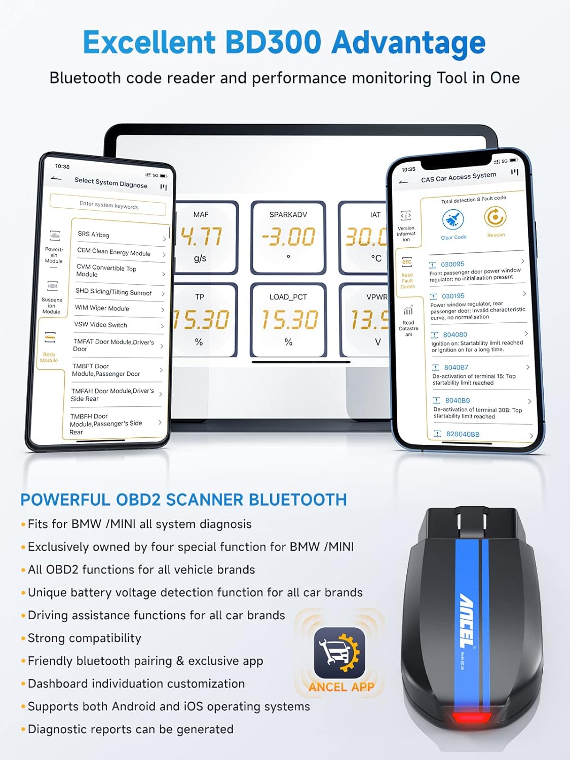 ANCEL BD300 OBD2 Scanner Bluetooth Fits for BMW Full System Code Reader Fits for BMW Diagnostic Tool with Battery Registration Tool Service EPB CBS ETC ABS Airbag Powerful OBD2 Scanner for All Cars
